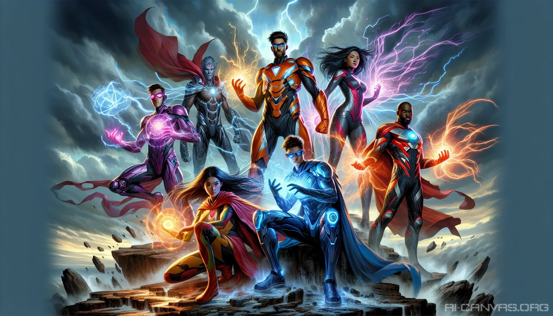 A dynamic scene showcasing a diverse team of heroes, each radiating strength and determination. They stand shoulder to shoulder on a rocky cliff, windswept and ready for action. Vibrant costumes reflect their unique powers and origins, from a futuristic warrior with glowing armor to a mystical sorceress wielding shimmering energy. The background is a stormy sky, hinting at the fierce battle ahead, with lightning illuminating their fierce expressions.