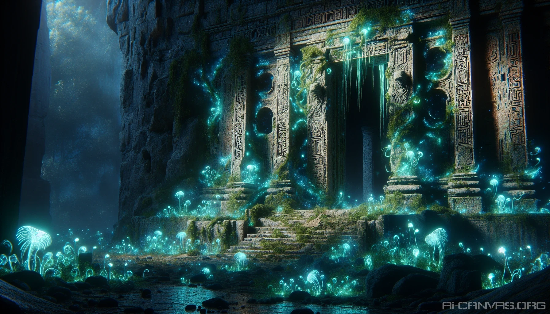 Picture an ancient, crumbling temple, its weathered stones draped in luminescent vines and vibrant, bioluminescent flora. Soft, eerie glows cast ethereal shadows, illuminating hieroglyphs of long-lost civilizations. The air is thick with an otherworldly energy, and a gentle mist swirls around the base, hinting at secrets hidden within. Each plant pulses with a life of its own, creating a captivating blend of nature and alien architecture, inviting exploration.