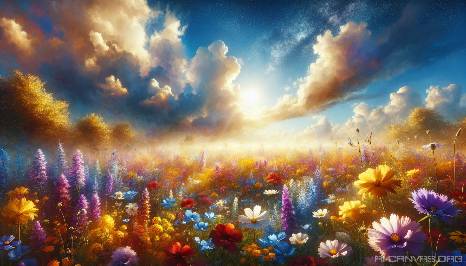 Envision a breathtaking wildflower meadow bursting with vibrant colors—golden yellows, deep purples, and fiery reds—dancing gently in the warm breeze. Above, a vast, clear blue sky stretches endlessly, dotted with soft, fluffy clouds that drift lazily by. Sunlight bathes the landscape, casting a golden hue over the flowers and creating a serene oasis of natural beauty, inviting peace and tranquility to all who behold it.