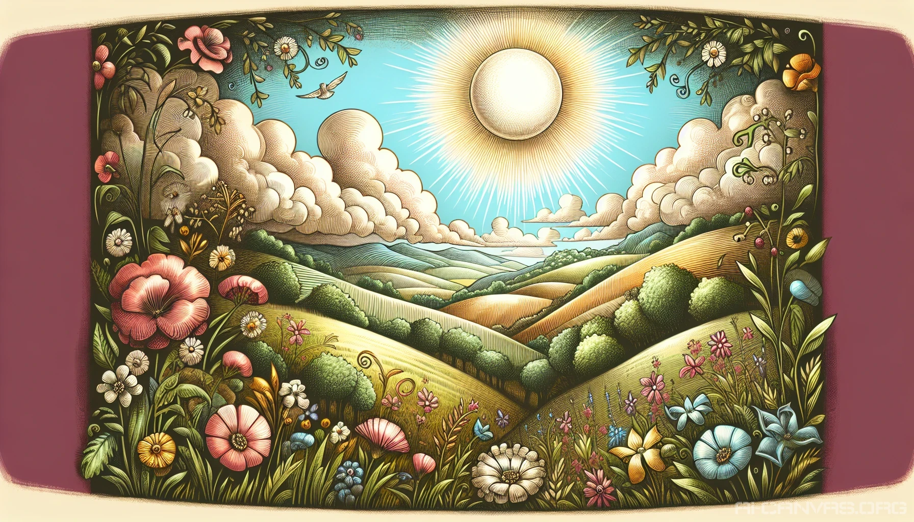 Create a vivid scene featuring rolling hills adorned with colorful wildflowers, set under a sprawling sky filled with whimsical clouds and a radiant sun. The entire landscape should be rendered in a hand-drawn style, capturing the playful essence of a children’s storybook. Infuse the image with a sense of wonder and nostalgia, inviting viewers to step into a world of imagination and joy.