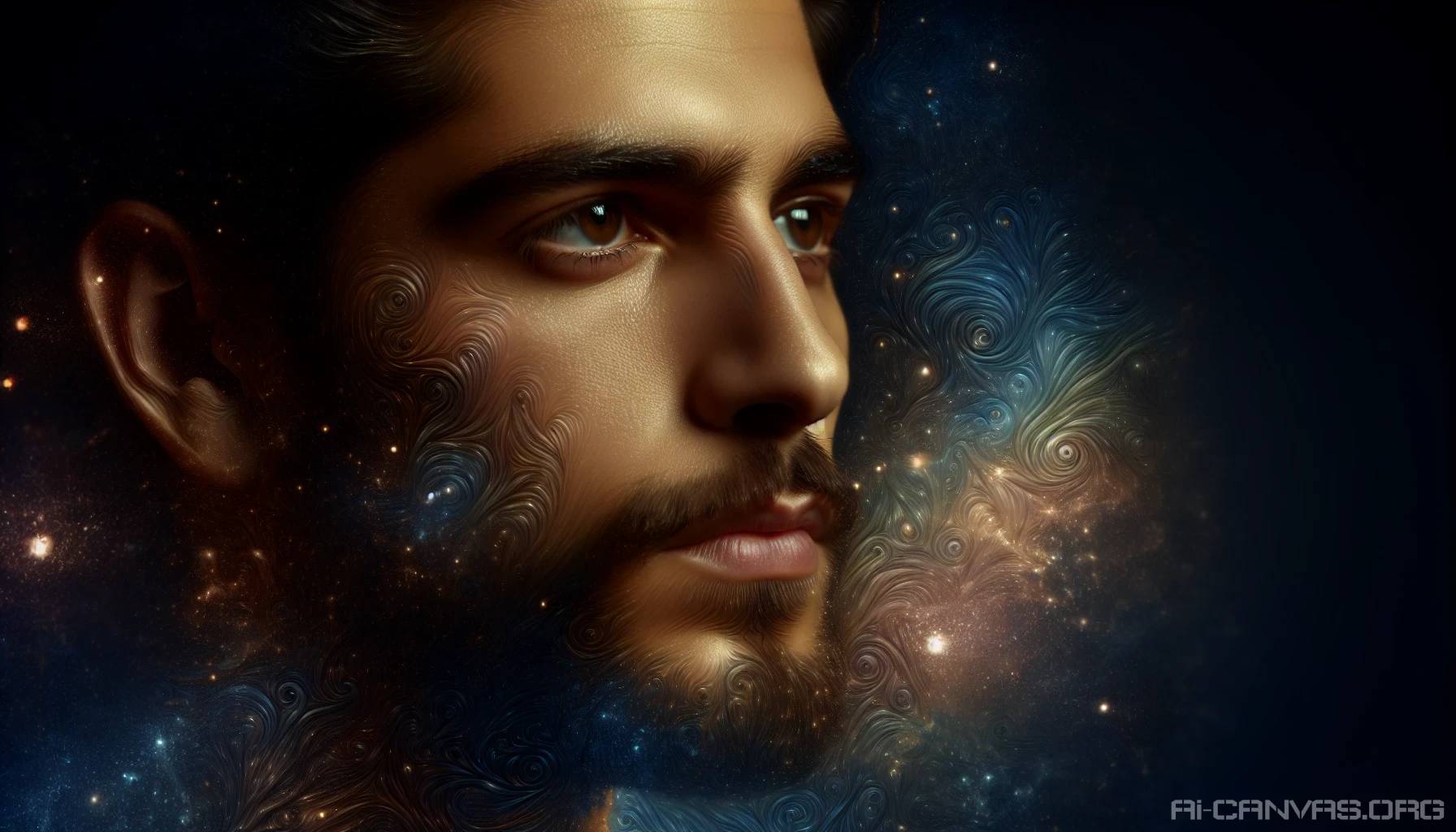 Capture the essence of a thoughtful individual gazing into the distance, showcasing intricate details in their facial features and expression. The soft lighting enhances the warmth of their skin, while subtle shadows add depth. Surround them with hints of their dreams—whispers of a starry night sky and abstract elements that reflect their aspirations, creating a profound connection between reality and imagination.