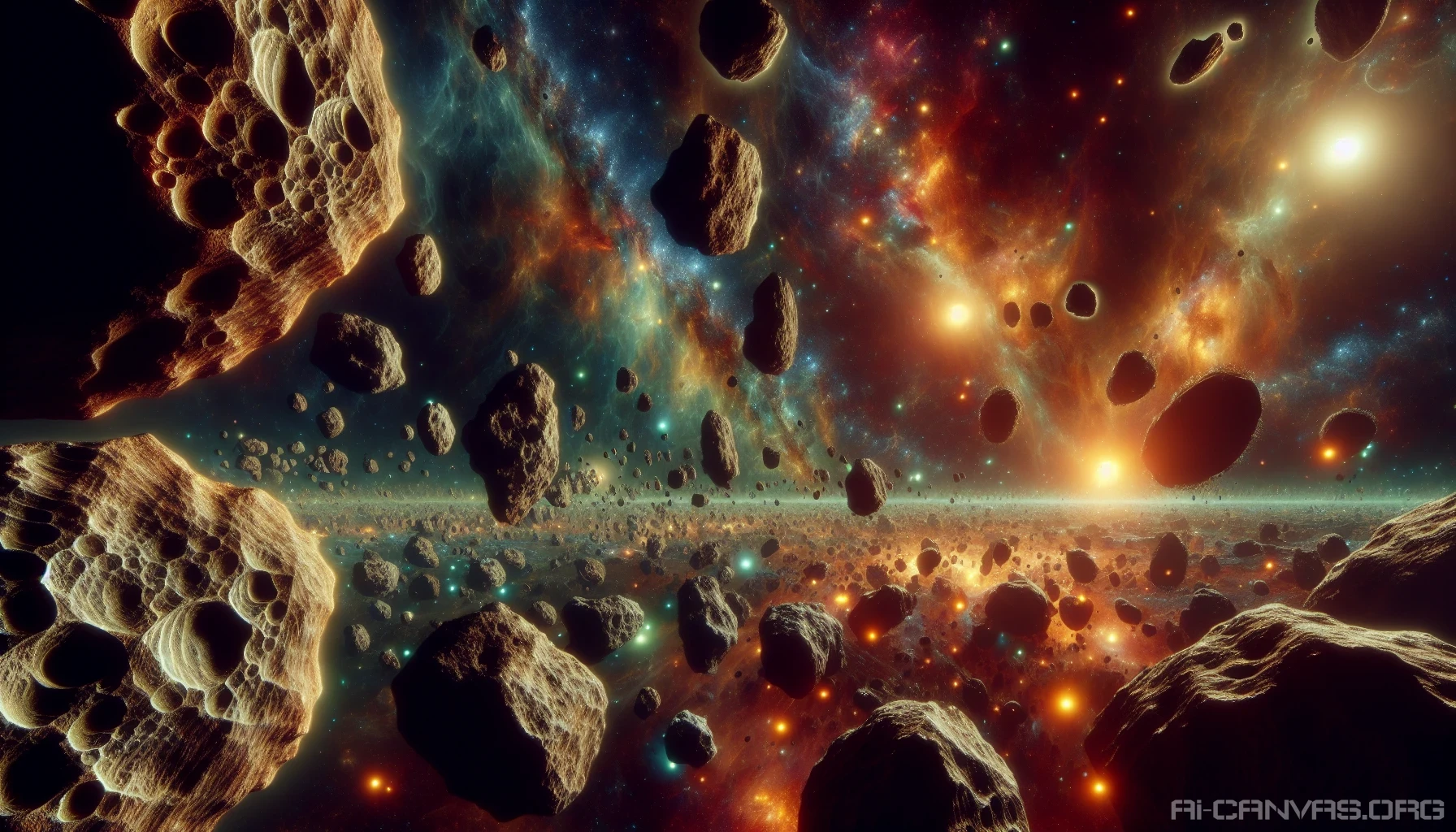 In a vast, chaotic expanse of an asteroid field, massive rocks float amidst a dazzling display of glowing minerals that pulse with vibrant colors. Streaks of deep blues, fiery oranges, and bright greens illuminate the dark void of space, casting intricate shadows on the jagged surfaces of the asteroids. The scene evokes a sense of wonder and danger, as cosmic beauty dances against the backdrop of the universe's vast silence.