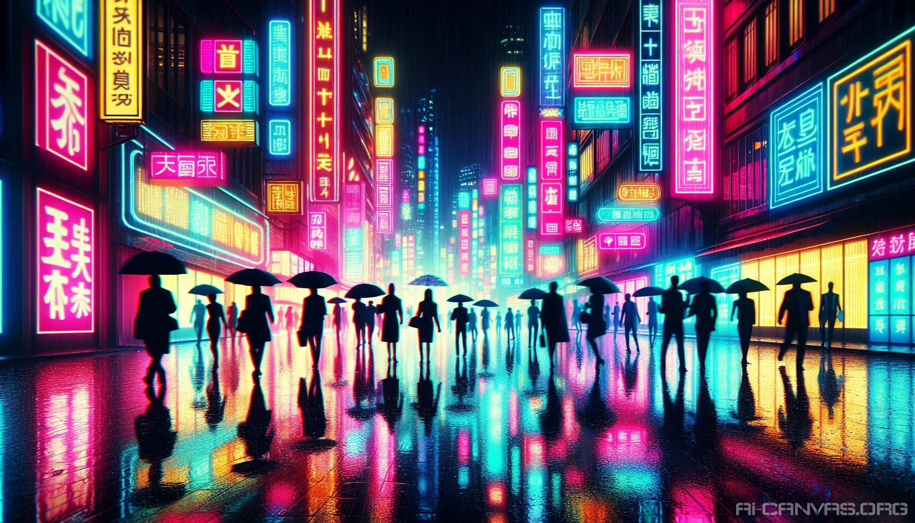 Picture a vibrant urban landscape where neon signs flicker to life against the backdrop of a rain-soaked night. The pavement glistens with reflections of colorful light, while puddles create mesmerizing patterns. Silhouettes of passersby, umbrellas in hand, contribute to the scene's dynamic energy. Vibrant hues of pink, blue, and yellow blend seamlessly, encapsulating the essence of a city alive with electrifying charm.