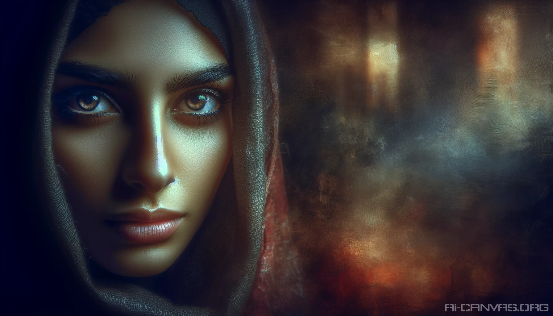 Capture the essence of a captivating stranger, with deep, expressive eyes that tell untold stories. The portrait should convey a sense of intrigue, blending intricate details of their facial features with soft, moody lighting to evoke emotion. Surround them with a blurred, atmospheric background that hints at their enigmatic life, inviting viewers to imagine the narrative hidden behind their gaze.