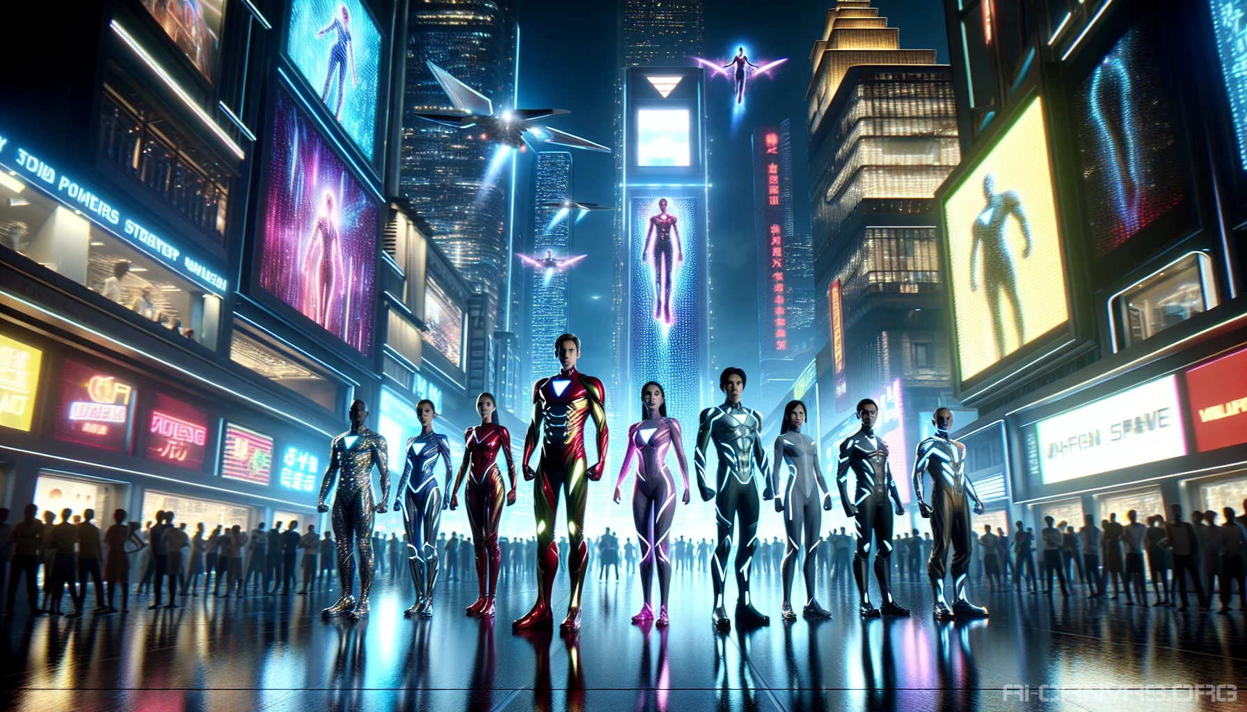 In the heart of a vibrant, futuristic metropolis, a formidable superhero team stands united, radiating strength and determination. Each member showcases unique powers, adorned in sleek, high-tech costumes that shimmer under the neon glow of towering skyscrapers. Hovering vehicles zip past overhead, while holographic advertisements light up the sky, setting the scene for an epic showdown against looming shadows that threaten their urban sanctuary.