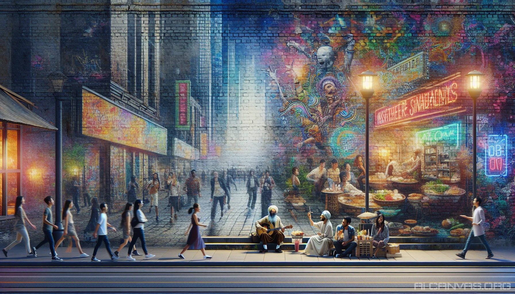 Capture the essence of vibrant street life, where colorful graffiti splashes across crumbling brick walls and eclectic characters navigate bustling sidewalks. Envision a scene filled with lively street performers, food vendors peddling mouthwatering delicacies, and groups of friends sharing laughter—all under the warm glow of neon signs. Show the heartbeat of the city, blending culture, art, and the everyday rhythm of urban existence.