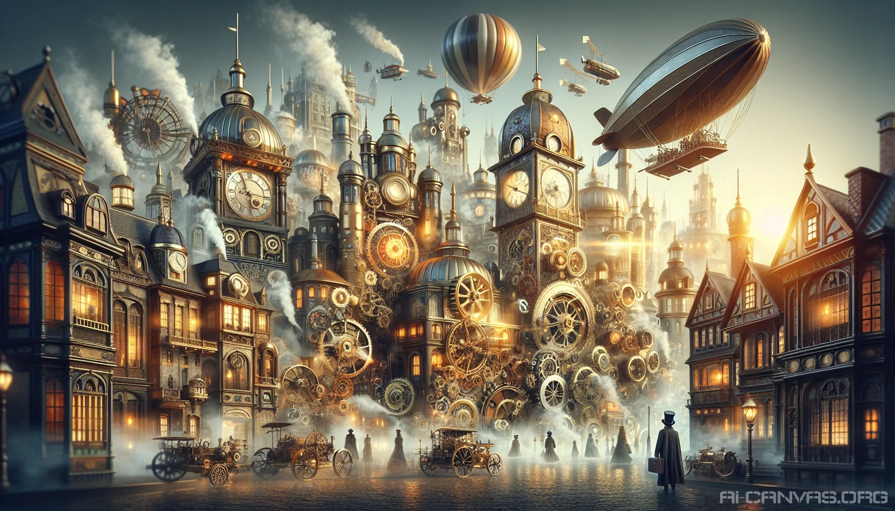 Imagine a bustling steampunk city, where brass gears and intricate clockwork mechanisms intertwine with Victorian architecture. Smoke billows from ornate chimneys as airships float above, their sails capturing the wind. Brass and copper details glimmer in the sunlight, while inventors and explorers in top hats wander the streets, showcasing their fantastical creations. A vibrant blend of technology and artistry creates a world where imagination knows no bounds.