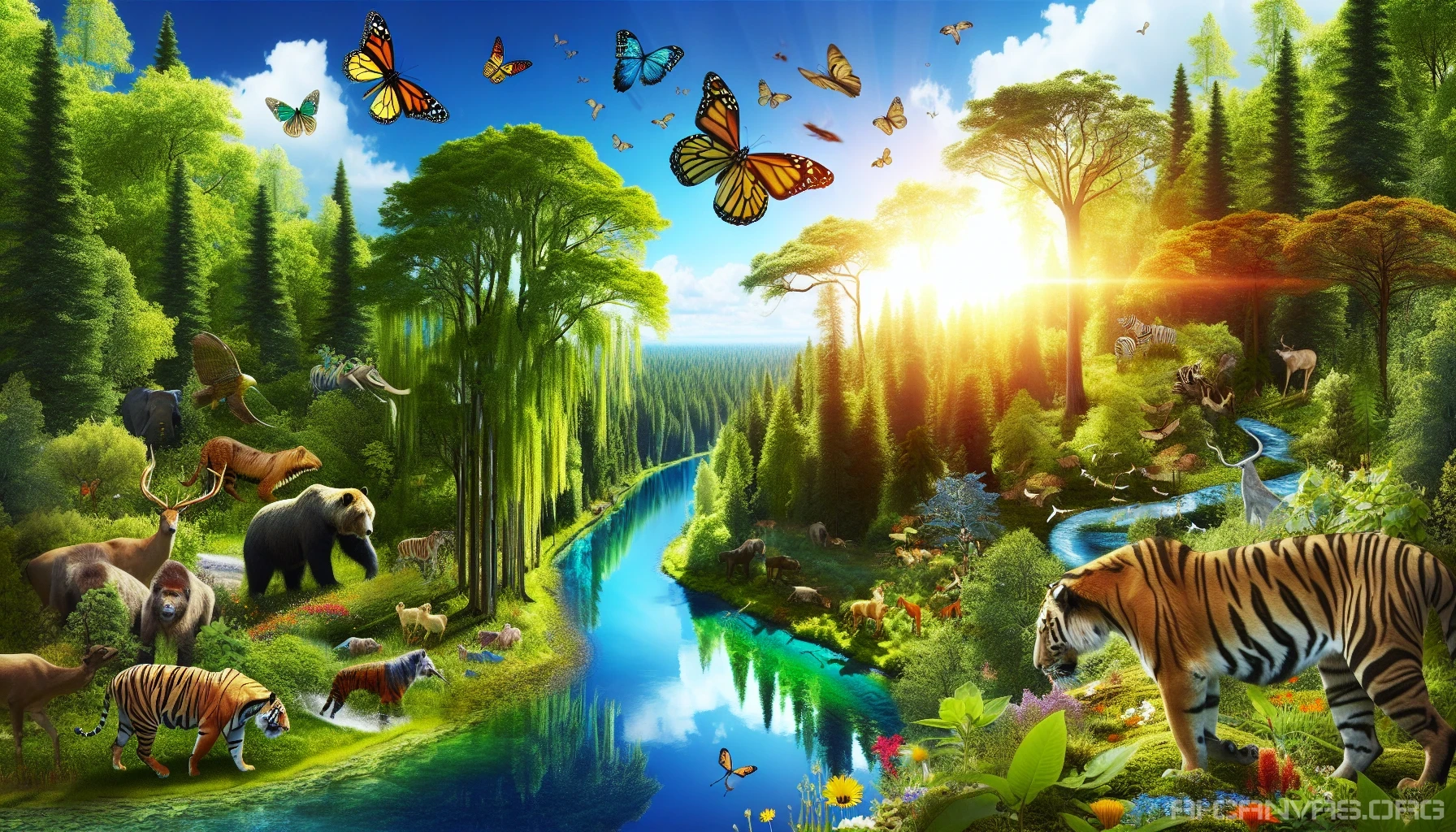 In a vibrant, sunlit forest, lush green trees tower overhead, their leaves whispering with the breeze. A winding river glistens, reflecting the clear blue sky while colorful wildlife thrives nearby. Striking visuals of endangered species like the majestic tiger and the delicate monarch butterfly remind us of the urgent need for environmental stewardship. Messages of hope, sustainability, and harmony with nature are interwoven throughout this breathtaking landscape.