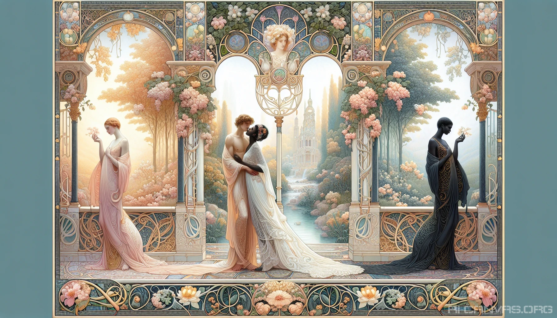 Visualize a tranquil scene infused with Art Nouveau elegance, featuring flowing organic shapes, intricate floral patterns, and soft, curvilinear forms. Imagine a serene landscape where nature merges with ornate architecture, showcasing delicate vines and blossoms wrapping around elegant structures. Soft pastel colors harmonize with golden accents, creating a dreamy atmosphere. Envision graceful figures in flowing gowns, embodying the spirit of nature, celebrating beauty and artistry in perfect unison.