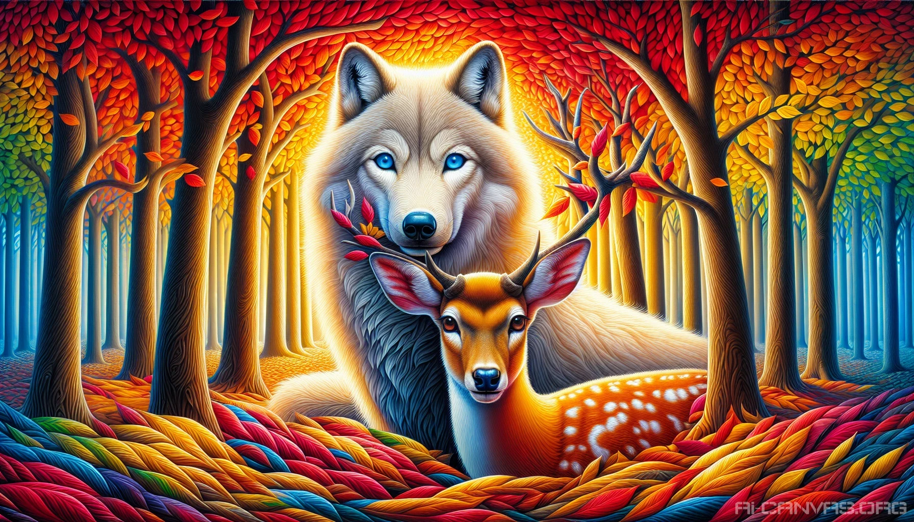 In a vibrant forest filled with swirling autumn leaves, an unlikely duo stands united: a fierce wolf and a gentle deer. The wolf, with its piercing blue eyes, offers a protective stance, while the deer gazes back with a look of trust. Sunlight filters through the trees, casting a golden glow on their fur and the forest floor, highlighting their unique bond in a moment of tranquility amidst chaos.