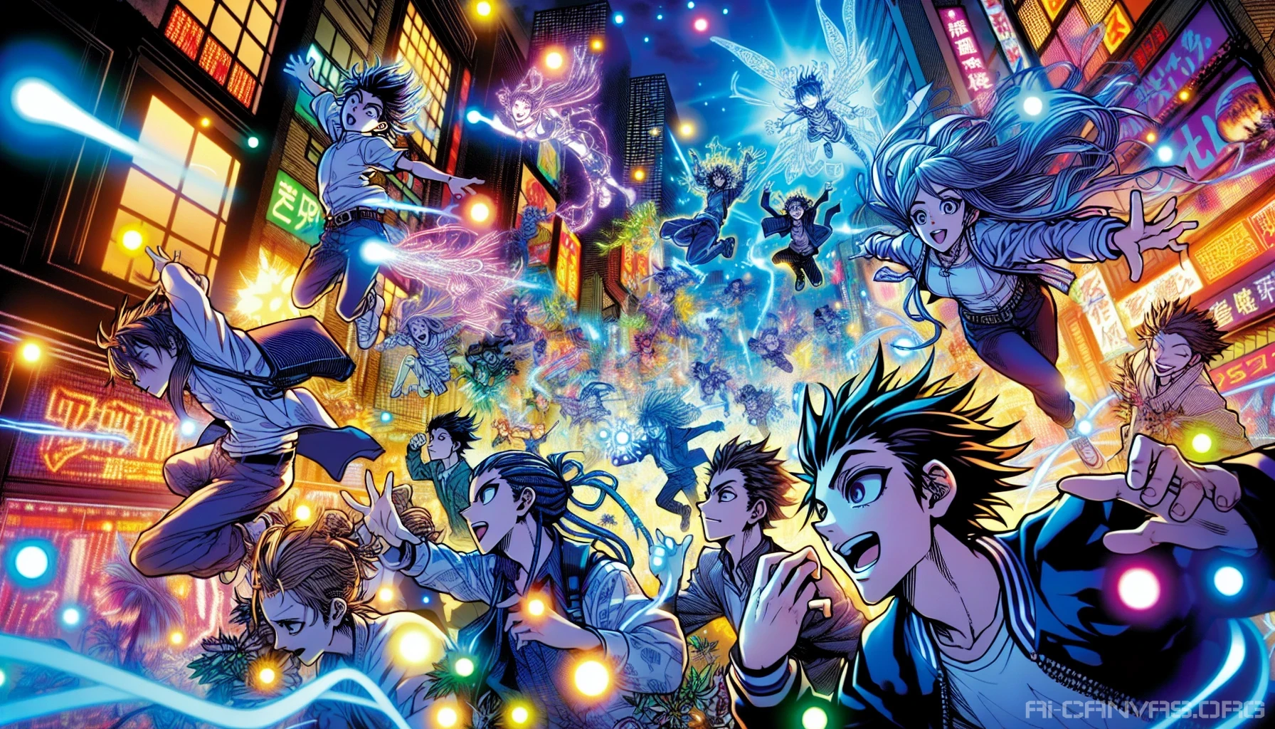 Imagine a dynamic scene bursting with energy, where characters are illustrated in vivid comic-style anime. Bold outlines define their expressive features and flowing hair, while vibrant colors enhance the action-packed environment. The backdrop showcases a bustling cityscape, with skyscrapers and neon lights blending seamlessly into the whimsical chaos of superpowers. Each character radiates personality, inviting viewers into their thrilling, illustrated world of adventure.