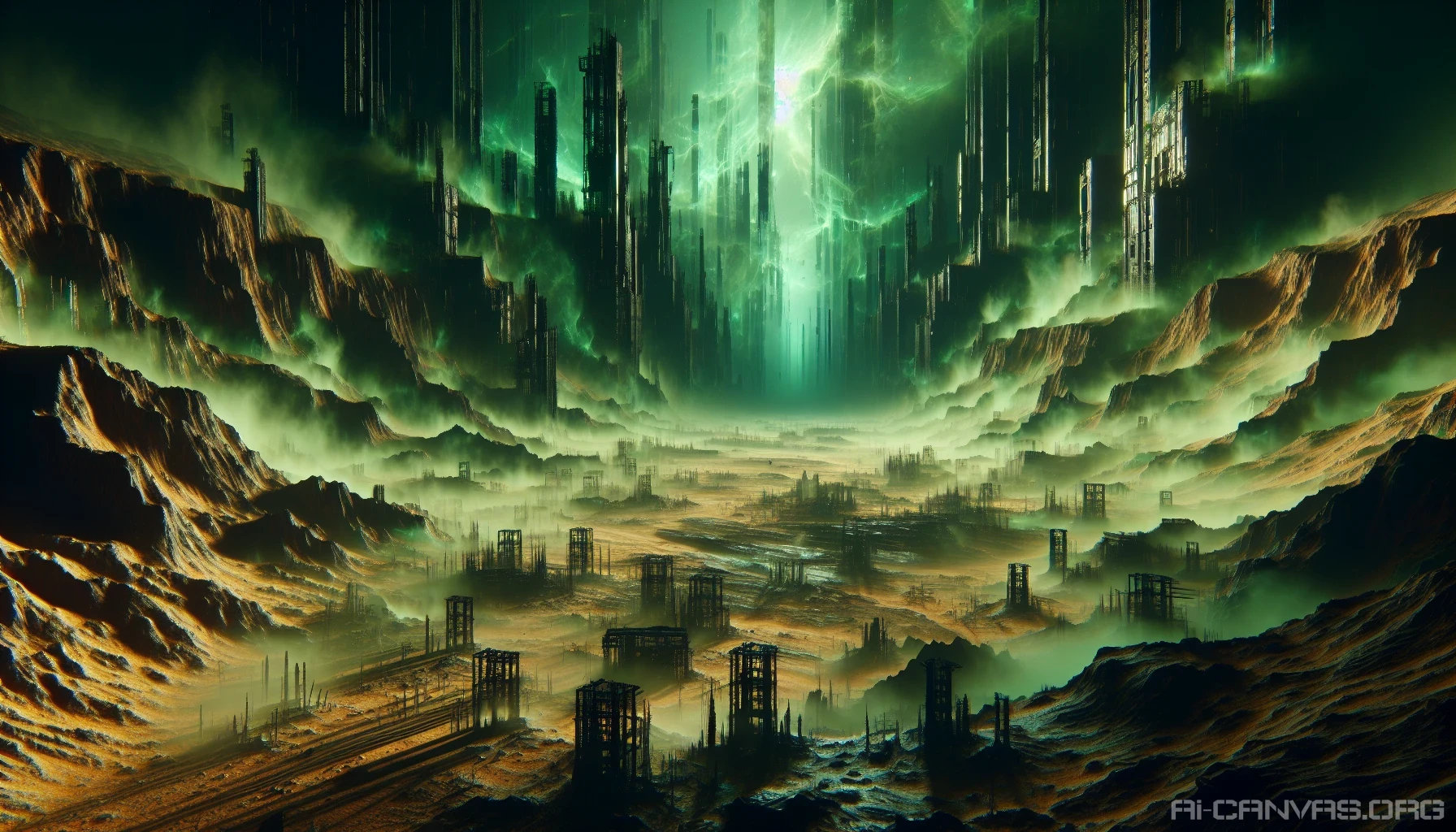 In a desolate landscape, the remnants of civilization lie crumbling under a thick blanket of glowing green fog. Jagged, rusted structures emerge from the earth like skeletal giants, their surfaces etched with the scars of time. The air shimmers with an eerie luminescence, casting shadows that dance across the toxic terrain. In this haunting scene, nature battles against the remnants of man's folly, creating a surreal yet mesmerizing sight.