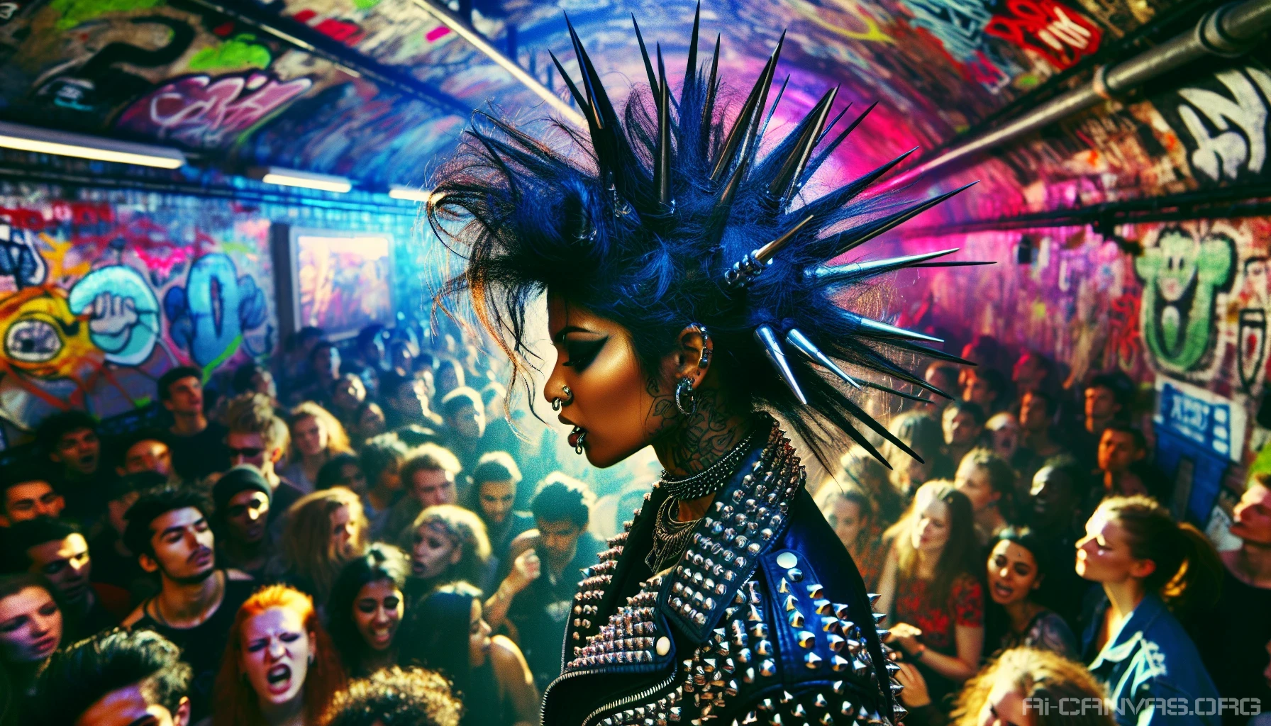 A vibrant scene captures a fierce punk rocker, showcasing a wild, gravity-defying hairstyle adorned with sharp spikes, each reflecting the neon lights of an underground concert. Clad in a leather jacket bristling with studs, the figure stands confidently amidst a chaotic backdrop of graffiti-covered walls and energetic fans. Tattoos snake around their arms, embodying a rebellious spirit that electrifies the air around them.