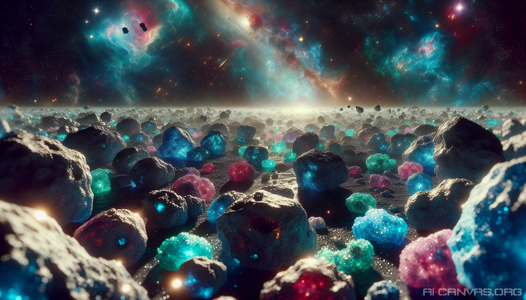 Imagine a sprawling asteroid field bathed in the ethereal glow of luminous minerals. Each asteroid, a rugged jewel, sparkles in hues of vibrant blues, iridescent greens, and fiery reds, contrasting against the dark vacuum of space. Nebulae swirl in the background, their soft pastel colors enhancing the surreal beauty of the scene. Tiny spacecraft navigate through the glittering rocks, adding a sense of scale to this breathtaking cosmic landscape.