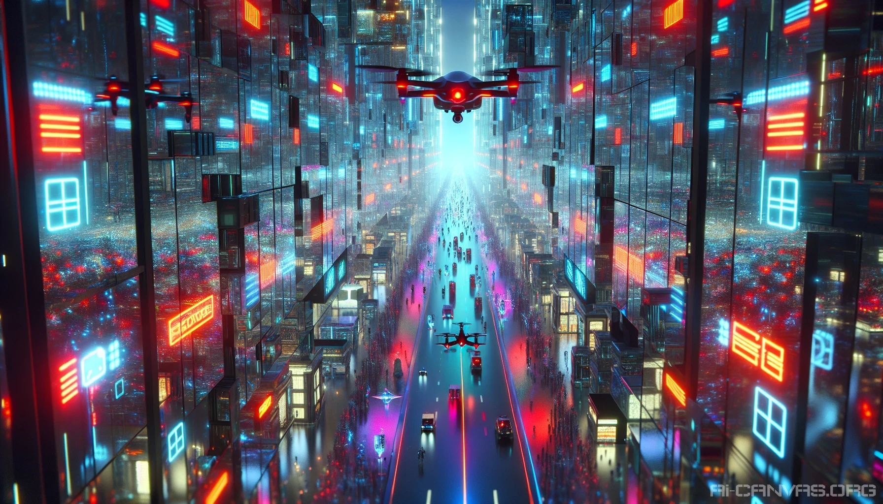 In a sprawling cyber-city, AI-driven police drones soar above, their red and blue lights casting vibrant reflections on sleek chrome buildings. The streets pulse with neon colors, as shadows dance in the haze of digital fog. Holographic billboards flicker overhead, portraying a world of order amidst chaos. Citizens navigate this high-tech maze, caught between surveillance and freedom in a city that never sleeps.