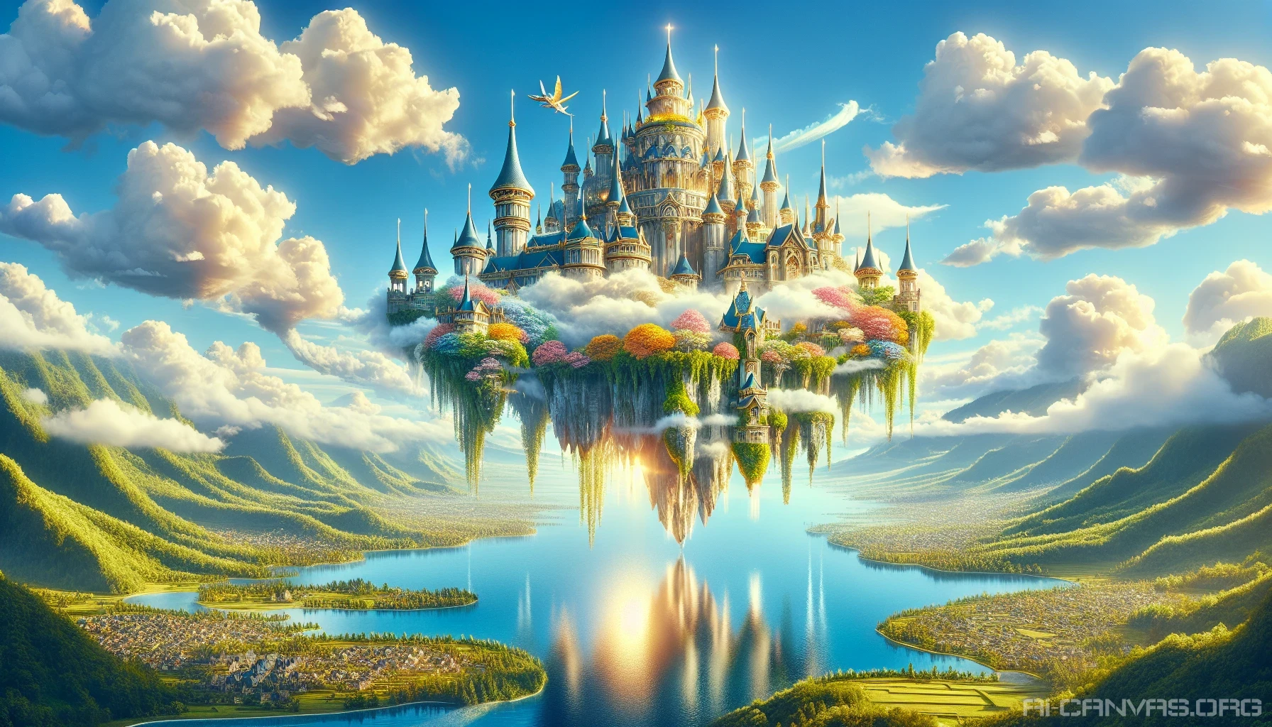 A magnificent castle floats gracefully among the clouds, its towers reaching for the vibrant blue sky. Lush gardens spill over the edge, with colorful flowers swaying gently in the breeze. Sunlight dances on the castle's golden spires, casting shimmering reflections in the fluffy white clouds. Below, a serene landscape unfolds, featuring rolling hills and a sparkling lake that mirrors the enchanting scene above.