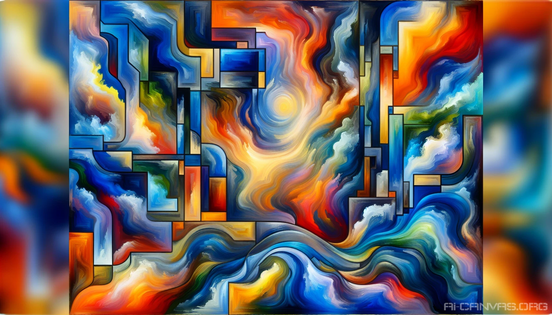 Envision a dynamic composition bursting with color and movement, where bold brush strokes intertwine with fluid shapes. The canvas is alive with deep blues, fiery oranges, and vibrant greens, intertwining harmoniously to create a sense of rhythm and energy. Geometric patterns emerge and dissolve into organic forms, inviting the viewer to explore the depths of emotion and imagination within this abstract masterpiece.