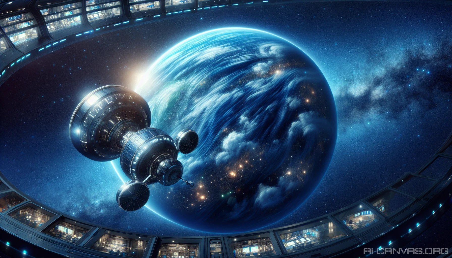 Envision a breathtaking scene where a sleek, futuristic space station gracefully orbits a vibrant blue planet, its swirling clouds and deep azure oceans reflecting the light of distant stars. The station’s illuminated windows glimmer against the backdrop of the cosmos, revealing bustling activity within. Below, the planet's surface teems with life and color, inviting exploration and wonder in this serene yet dynamic celestial tableau.