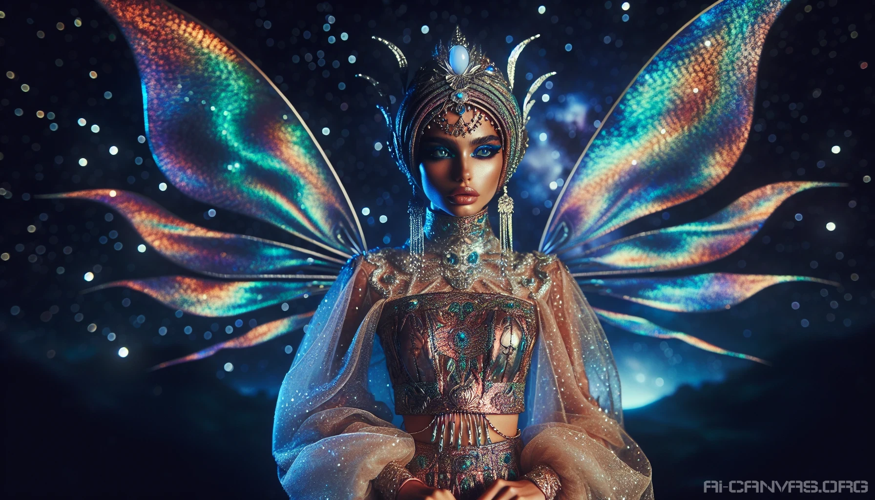 Picture an otherworldly, alien scene set in a fantastical realm. In this setting, a striking alien princess of Middle-Eastern descent stands with grace. She possesses luminescent wings that ripple with iridescent colors, casting a captivating glow across the night sky. She is adorned in detailed attire crafted from celestial materials, combining stylish elegance with a touch of ethereal mystery. The night sky around her twinkles with countless stars as she gazes off into the universe. Her aura emits an overwhelming presence that deeply charms every observer of her radiant beauty.