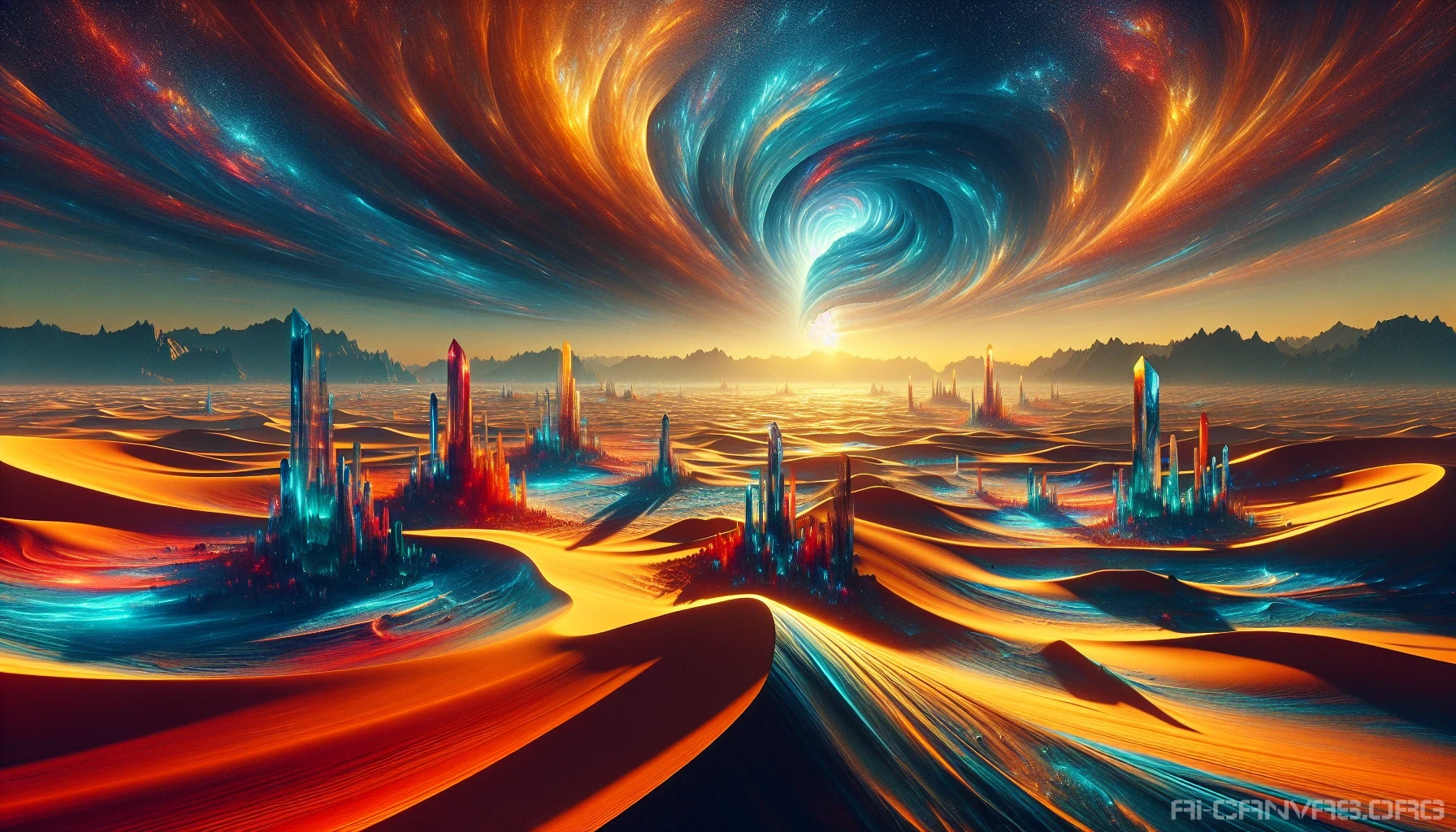 In a surreal expanse, swirling sands of vibrant oranges and deep blues stretch infinitely under a vivid, swirling sky. Towering crystalline structures rise majestically, reflecting shimmering light and casting brilliant rainbows on the undulating dunes below. Curious alien flora, with luminous shapes and colors, dot the landscape, while distant mountains shimmer like gemstones, creating an otherworldly paradise that beckons exploration and wonder.