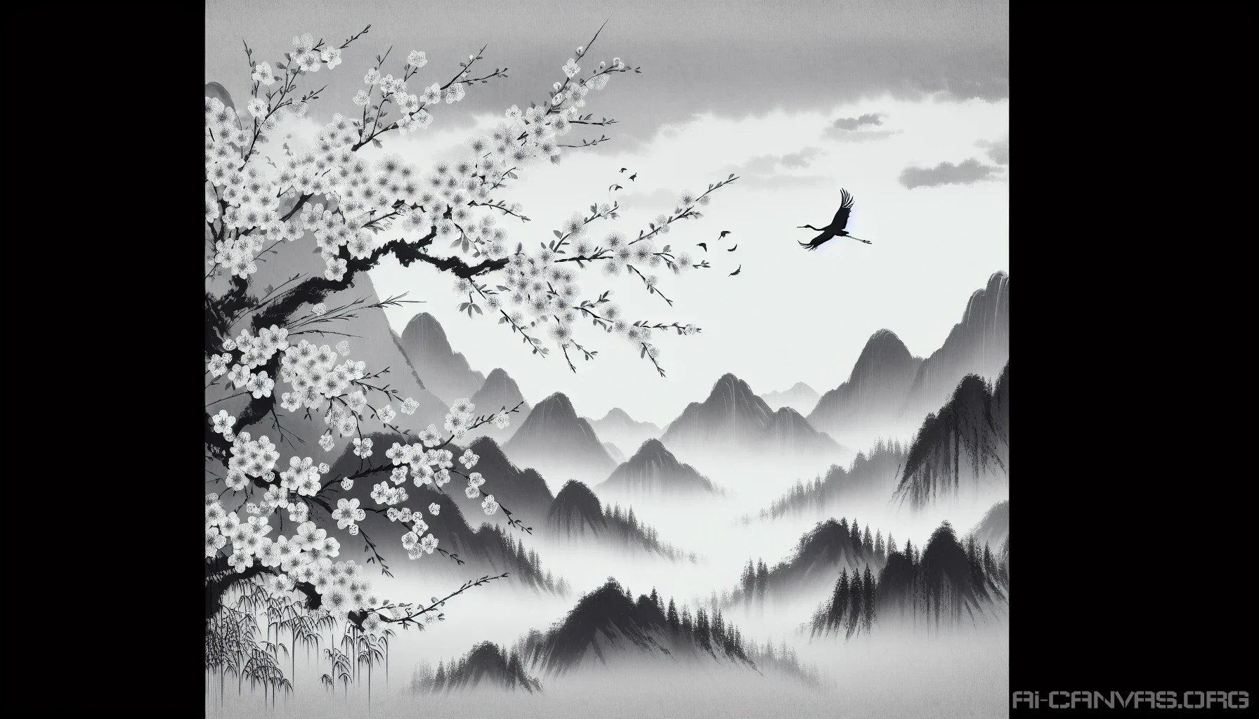 In a tranquil landscape, delicate cherry blossoms bloom amidst misty mountains, brought to life in the traditional Chinese ink painting style. Fine, sweeping brush strokes capture the softness of petals, while subtle gradients of black and grey evoke depth and serenity. A lone crane gracefully soars above, symbolizing peace and longevity, as the scene invites the viewer into a world of timeless beauty and harmony.