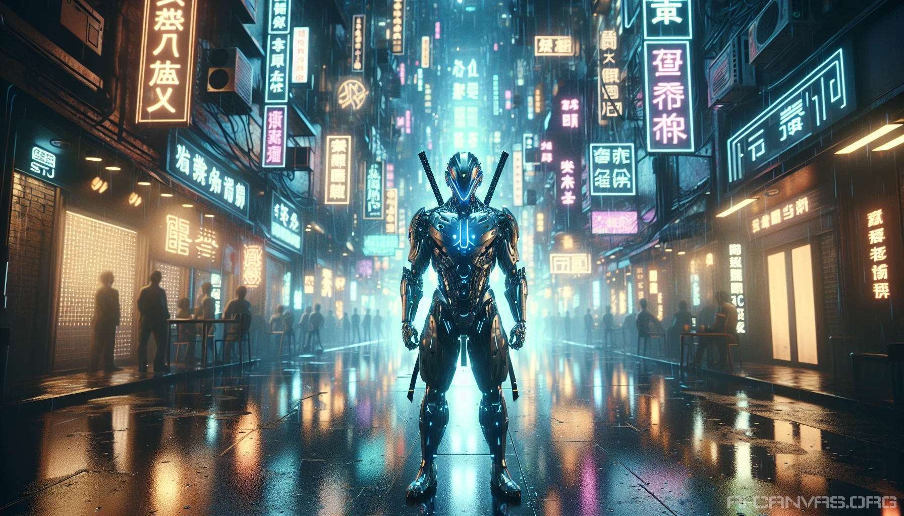 In a bustling cyberpunk city, a cybernetic samurai stands resolutely in a neon-lit alley, adorned with a sleek, advanced exosuit. Raindrops glisten as they cascade off the suit's metallic surface, creating a mesmerizing interplay of reflections and shadows. The vibrant neon signs cast an array of colors, illuminating the misty atmosphere, while the distant hum of technology echoes, setting a cinematic tone of intrigue and quiet power.