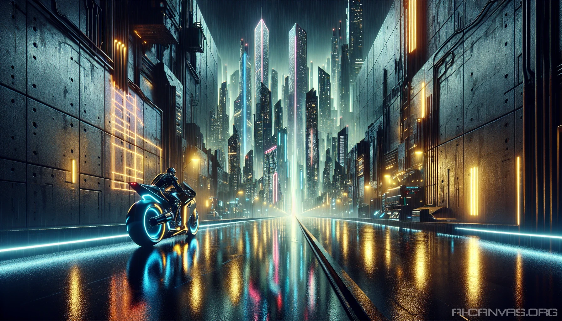 Immerse yourself in a rain-soaked cyberpunk city where towering skyscrapers loom like giants over the streets. A sleek neon-lit motorcycle slices through the dark, industrial landscape, its light casting vibrant reflections on the slick pavement. Graffiti art glows in brilliant hues against concrete walls, while the distant hum of machinery fills the air, creating an electrifying atmosphere of rebellion and adventure.