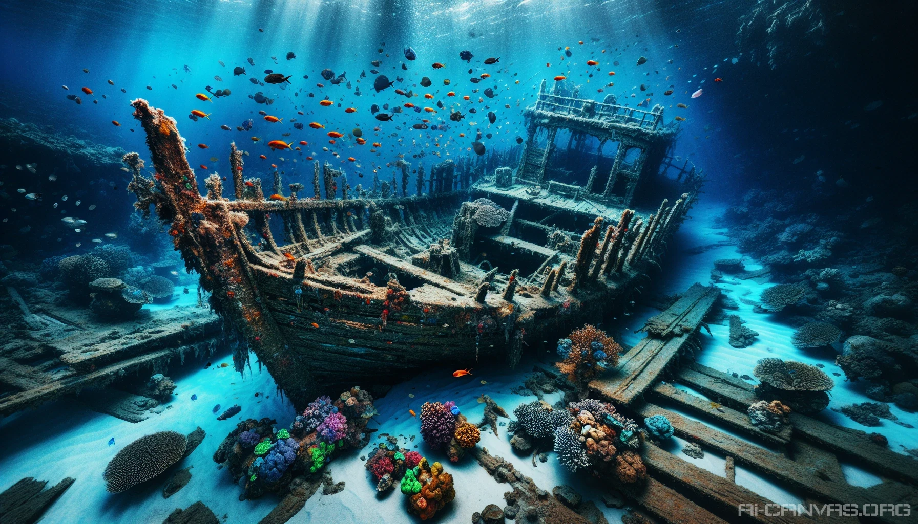 Dive into a mesmerizing underwater scene where the vibrant ocean floor intertwines with the haunting remnants of ancient shipwrecks. Coral reefs encrust the weathered wood and rusted metal, while schools of colorful fish dart through the ghostly ruins. Sunlight filters down from the surface, illuminating treasures and artifacts scattered among the sand, evoking a sense of mystery and the passage of time in this aquatic graveyard.