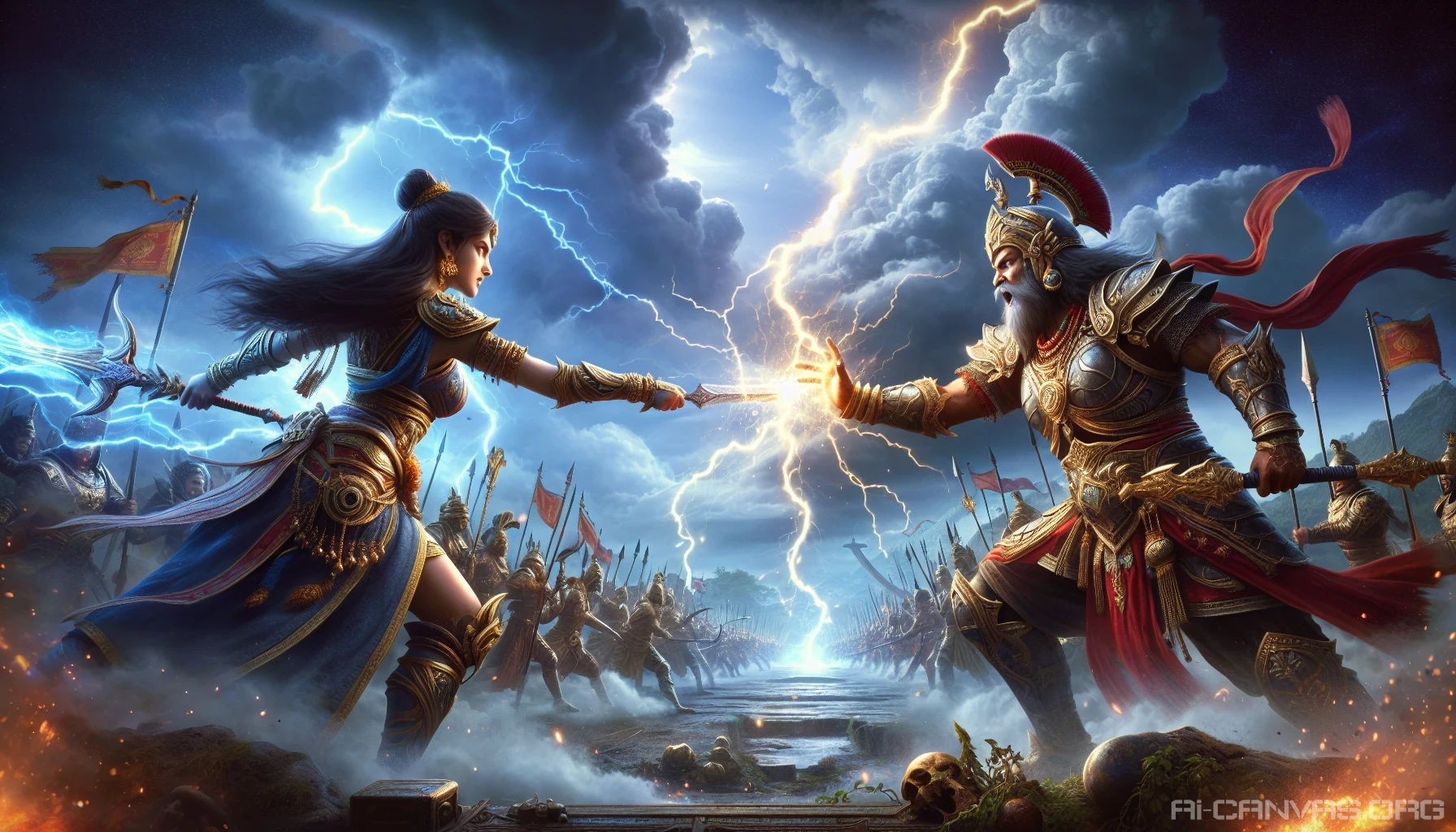 In a breathtaking battlefield, two legendary factions collide in a spectacular display of power and fury. Lightning crackles overhead as warriors, clad in ornate armor, unleash their most potent spells and weapons. The air is thick with tension, and the ground trembles beneath their feet. Each combatant's fierce determination is etched on their faces, setting the stage for an unforgettable, climactic confrontation that will decide their fates.