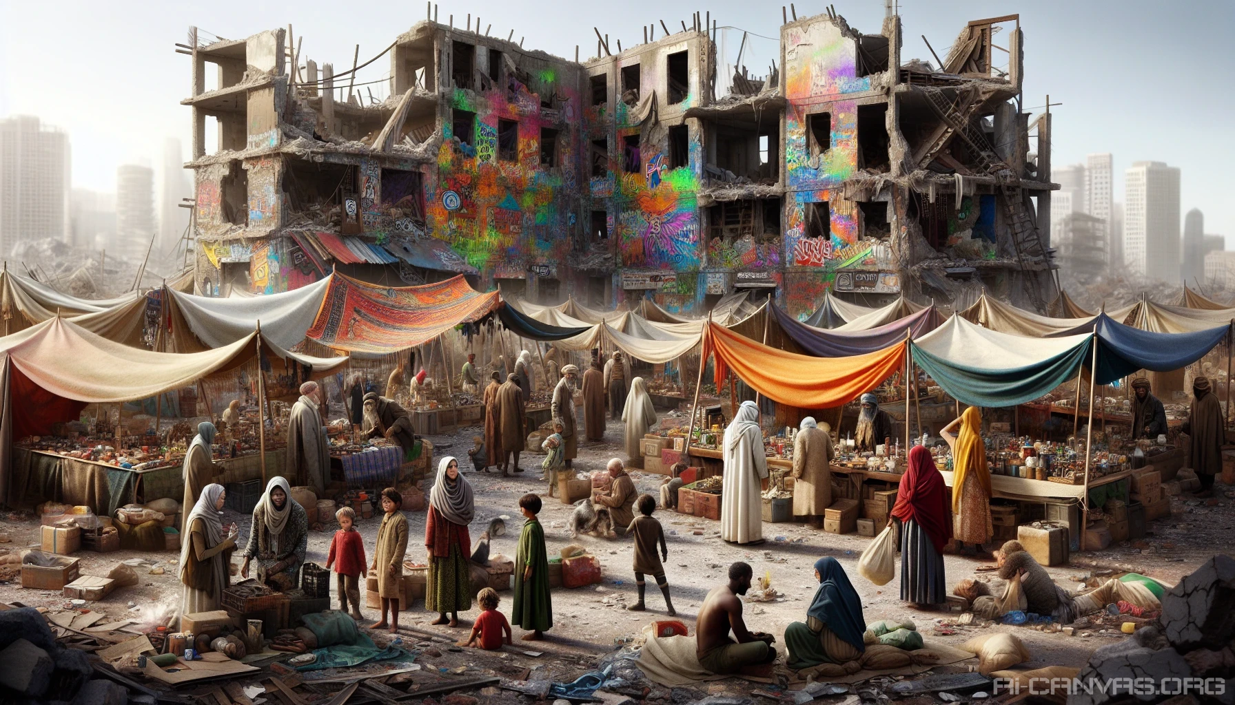 In a desolate urban landscape, a bustling marketplace thrives amidst crumbling buildings and makeshift shelters. Vendors with tattered clothing hawk salvaged goods, while vibrant graffiti splashes color on cracked walls. Nomadic traders barter for precious resources under a tattered awning, and children play amid the chaos, their laughter echoing through the wreckage. Frayed tents and scavenged materials blend creativity with survival, depicting a community's indomitable spirit in the face of adversity.