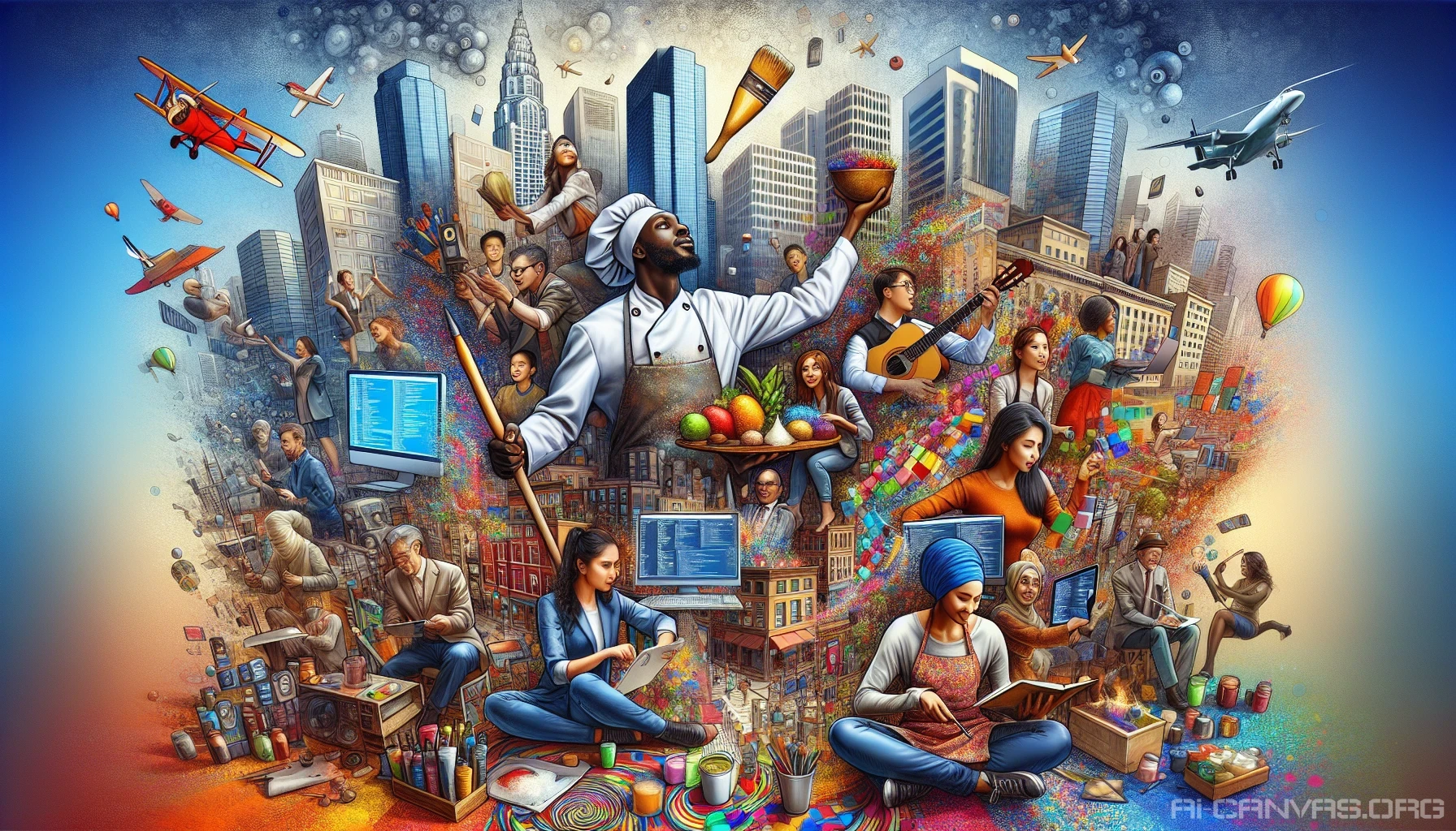 Imagine a bustling cityscape, where individuals seamlessly blend their diverse professions into a vibrant tableau. A chef, adorned in a flamboyant apron, juggles spices alongside a tech wizard coding amidst towering skyscrapers. A painter captures the scene on canvas, while a musician strums a guitar under a canopy of colorful billboards. This dynamic fusion showcases the beauty of collaboration and creativity, uniting various roles into a single, harmonious masterpiece.