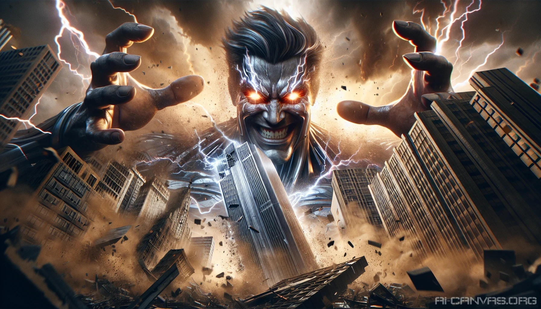 Imagine a powerful villain standing atop a crumbling skyscraper, eyes glowing with malevolent energy. With a dramatic gesture, they unleash a massive shockwave that ripples through the cityscape, shattering glass and toppling buildings. The air is filled with debris, and a swirling vortex of dust and chaos surrounds them. Lightning crackles in the stormy sky, illuminating their fierce expression as they revel in the destruction unleashed upon the world.
