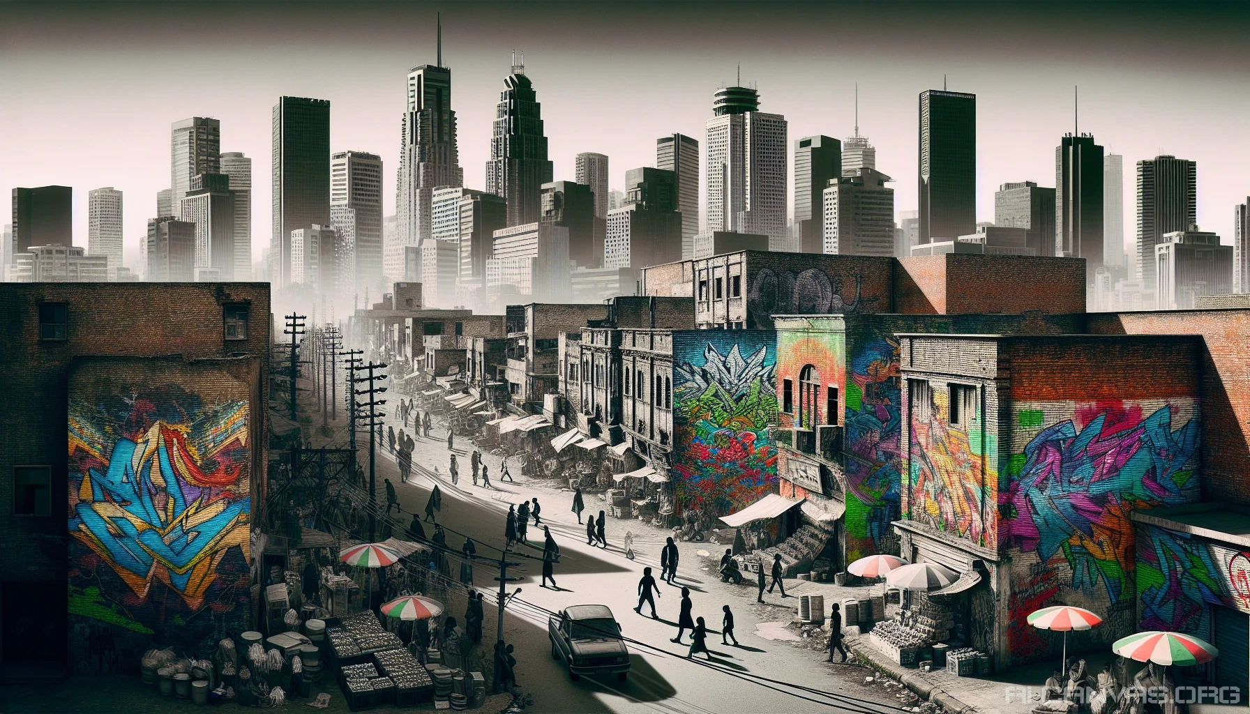 Immerse yourself in a bustling cityscape where shadows clash with vibrant murals. Picture crumbling brick buildings juxtaposed against sleek modern glass towers, with street vendors peddling colorful wares next to the stark, monochrome figures of hurried commuters. A sense of tension fills the air, accentuated by diverse cultures and vivid street art, creating a powerful narrative of urban existence and resilience amidst chaos.