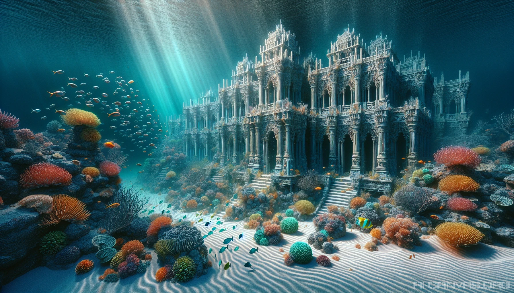 Immerse yourself in the enchanting beauty of a lost underwater palace, where ancient architecture intertwines with vibrant marine life. Cascading coral formations adorn crumbling columns, while schools of shimmering fish dart around ornate sculptures. Sunlight filters through the water's surface, casting ethereal patterns on the sandy floor, inviting explorers to uncover secrets of a forgotten era, buried beneath layers of time and mystery.