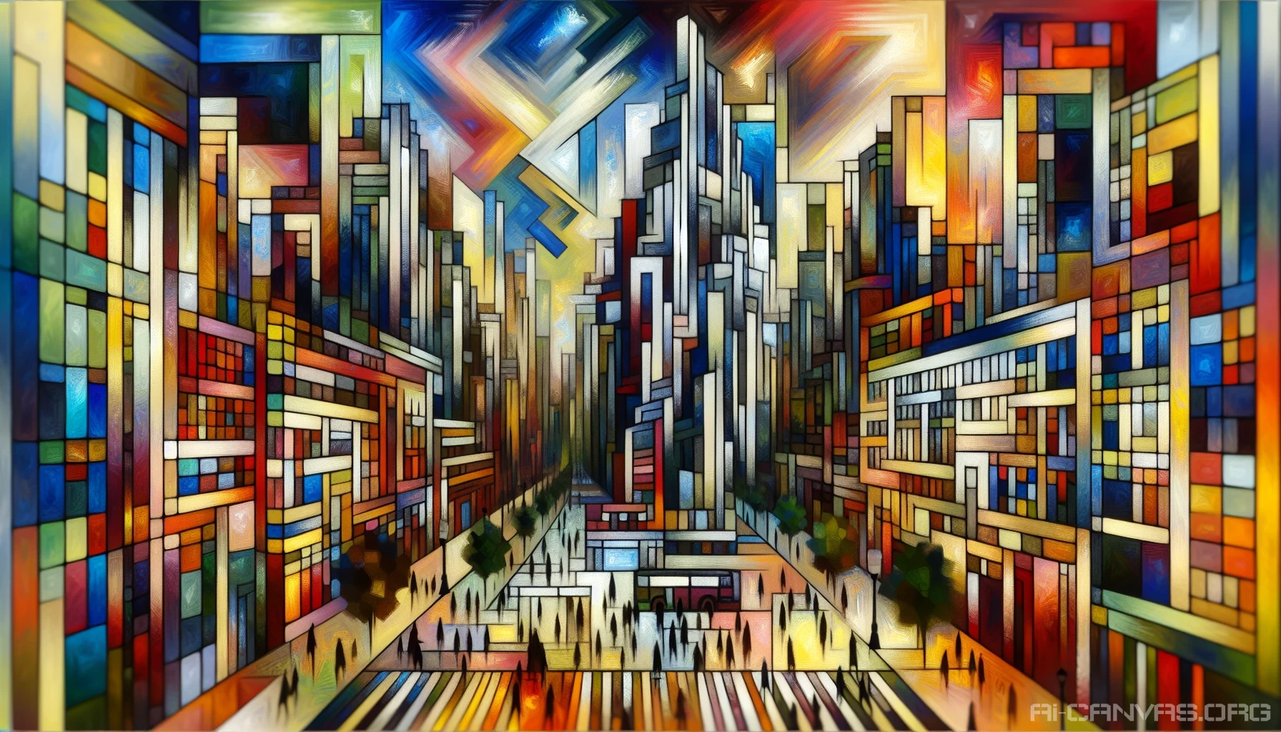Imagine a vibrant cityscape reimagined through Cubism, where geometric forms collide and intertwine. Jagged buildings made of colorful, fragmented planes rise against a swirling sky, each facet reflecting a different hue. Streets twist and turn in angular perspectives, filled with dynamic figures in motion, their limbs reduced to abstract shapes. This artwork invites viewers to explore the energy of urban life through a kaleidoscope of creativity.