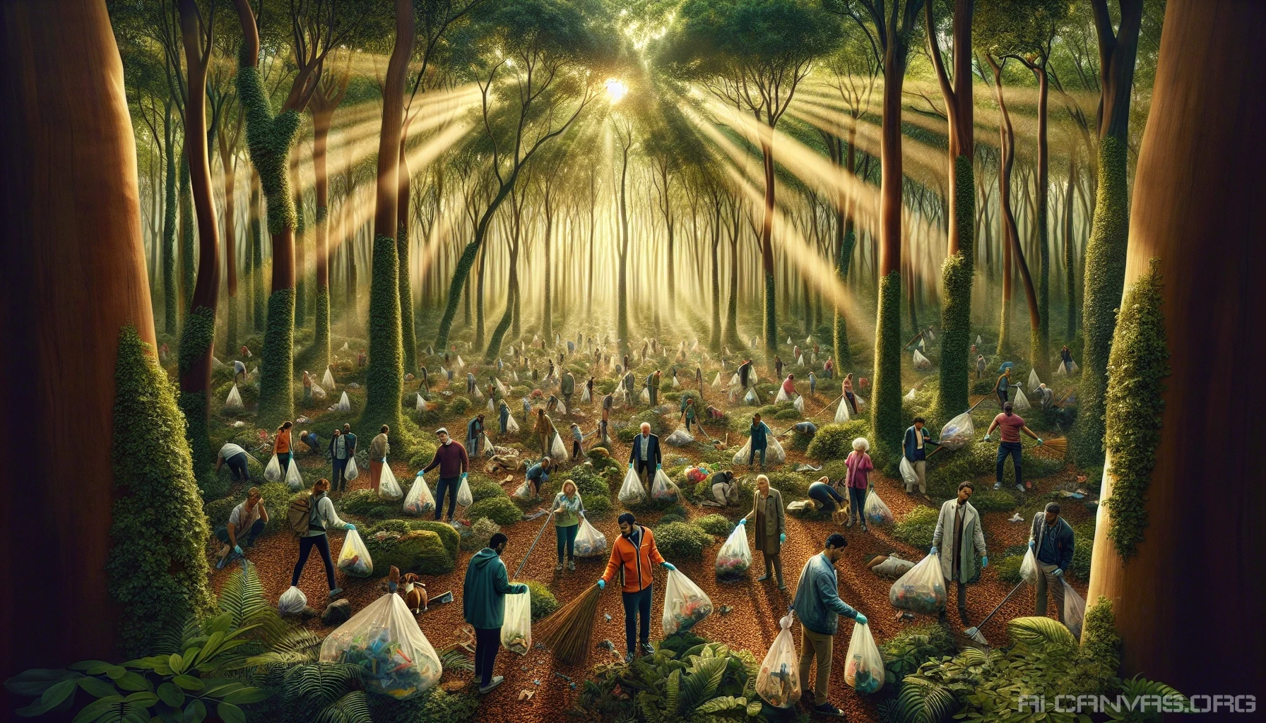 Imagine a lush, vibrant forest teeming with life, where sunbeams filter through a canopy of emerald leaves. In the foreground, a group of diverse individuals actively participating in a clean-up, their smiles reflecting hope and determination. Stray plastic bags flutter like ghosts among the trees, contrasting sharply with the rich earth tones of the landscape, symbolizing the urgent need for environmental awareness and care.