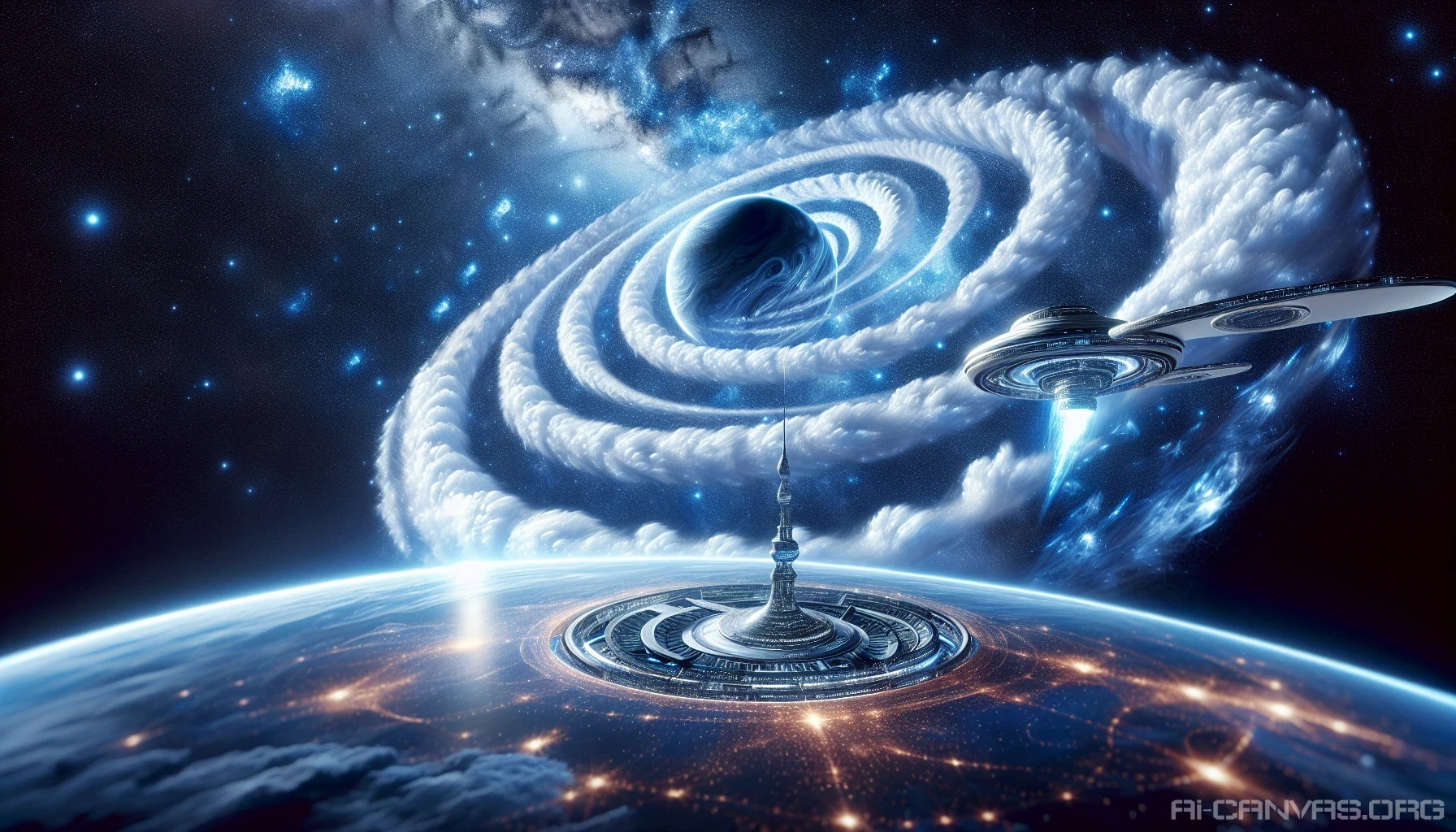 Imagine a stunning space scene where a sleek, futuristic space station glides in orbit around a vibrant blue planet. The planet’s surface is adorned with swirling white clouds and glistening oceans that reflect the starlight. The station, illuminated by soft glows, showcases intricate details of its design. In the backdrop, a canvas of deep space filled with twinkling stars and distant galaxies enhances the wonder of this celestial dance.