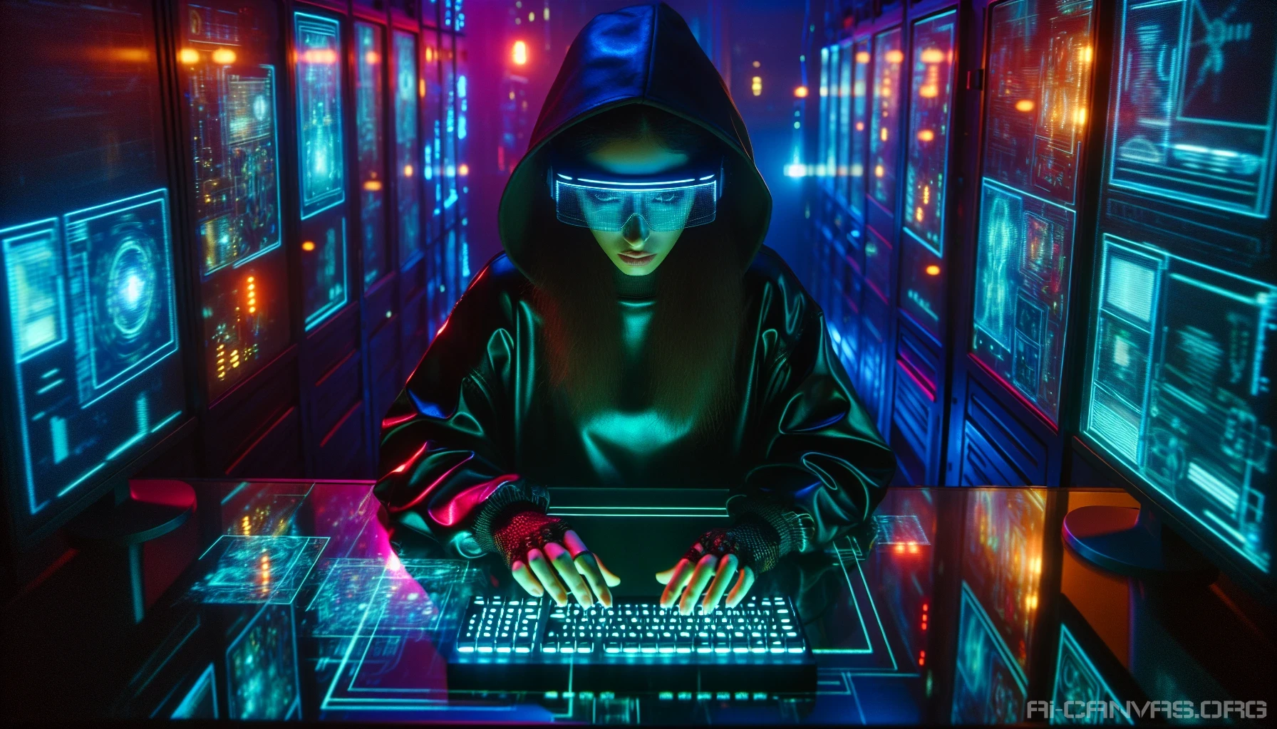 In a dimly lit room filled with the glow of holographic screens, a cyberpunk hacker sits intently at a sleek, futuristic keyboard. Their face is partially obscured by a pair of high-tech glowing goggles that illuminate their determined expression. Neon lights reflect off metallic surfaces, casting vibrant hues across their workspace. The atmosphere buzzes with the electric energy of digital worlds, hinting at secrets waiting to be uncovered.
