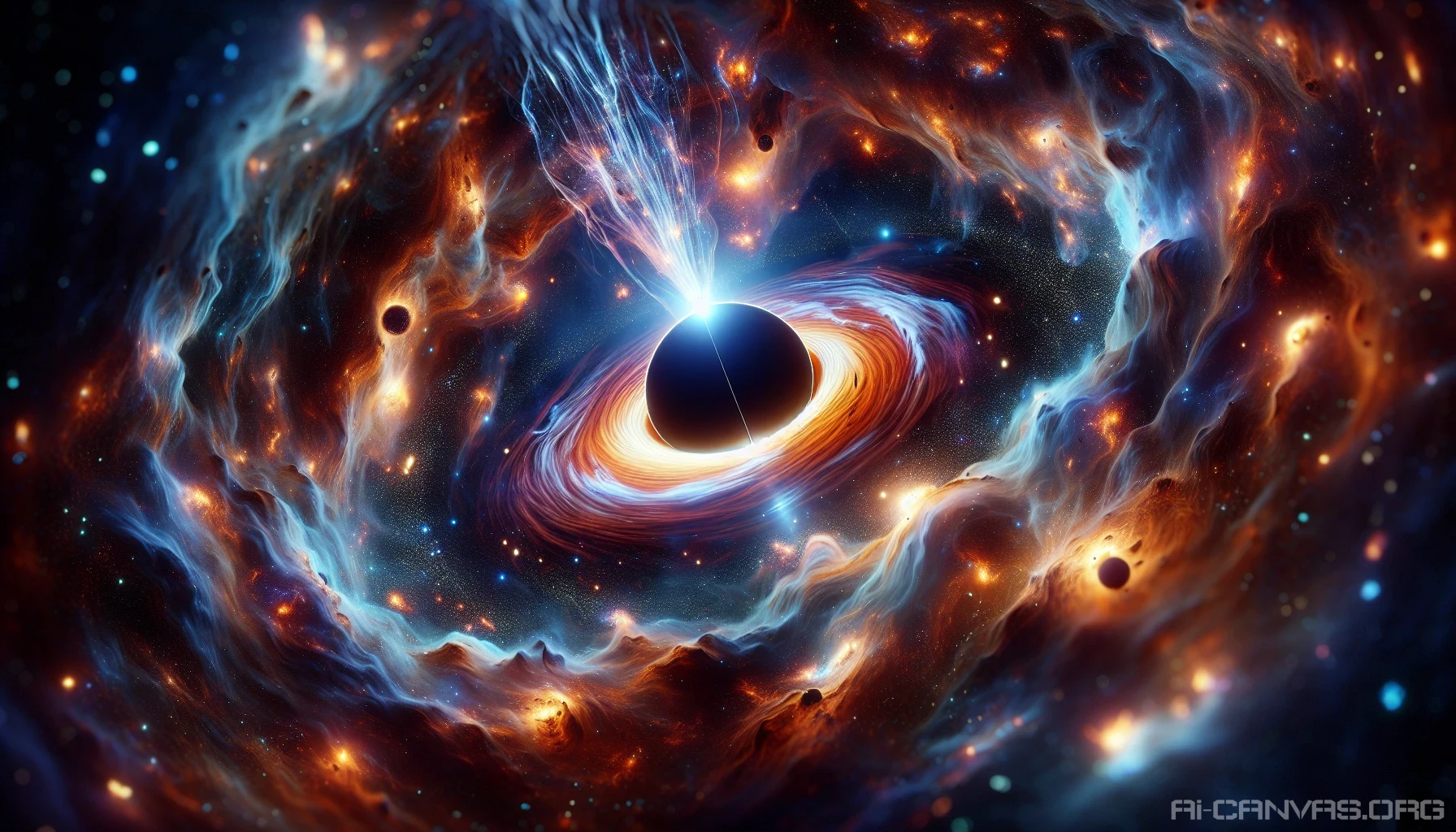 Immerse yourself in the mesmerizing chaos of a black hole at the center of the universe, warping the very fabric of space and time. Swirling galaxies and radiant stars bend and twist under its immense gravitational pull, their colors painted in vibrant hues of deep blues and fiery oranges. Ethereal streams of light escape the horizon, creating a surreal dance of cosmic wonder that captivates the mind.