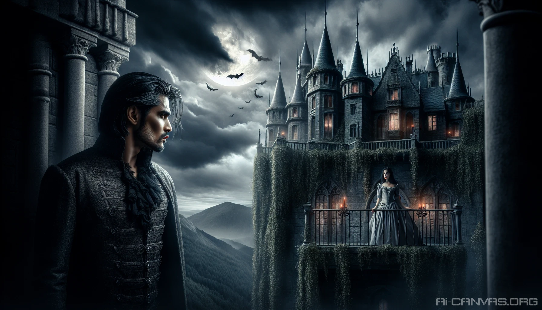 Envision a grand, dimly lit gothic castle perched on a cliff, its spires piercing a tempestuous sky. A brooding vampire stands on a balcony, cloaked in shadow, gazing intensely at a mortal woman below, illuminated by moonlight. Their eyes lock, hinting at a forbidden love. Dark ivy creeps along the stone walls, while distant thunder rumbles, adding to the air of tension and allure surrounding their entwined fates.