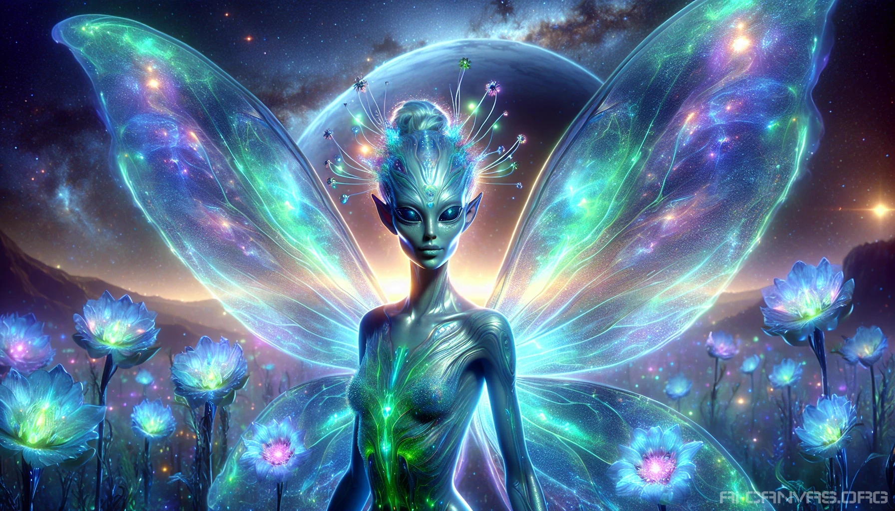 Picture a stunning alien princess adorned with shimmering, iridescent skin, standing gracefully in a cosmic garden. Her ethereal, glowing wings spread wide, casting vibrant hues of blue and green that illuminate her surroundings. Star-like patterns twinkle on her wings, while celestial flowers bloom in the background. A sense of magic envelops her, as distant planets and galaxies sparkle in the twilight sky, creating an otherworldly ambiance.
