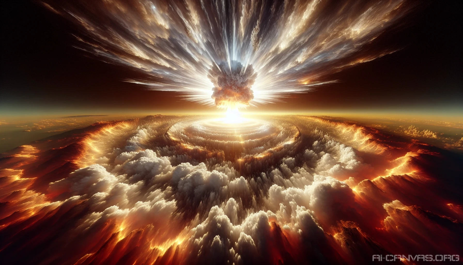 A staggering explosive scene captures a colossal nuclear detonation at its peak, where a brilliant white light envelops the horizon, blinding in its intensity. Surrounding the central blast, shockwaves ripple through the atmosphere, distorting the landscape and sending clouds spiraling upwards. The sky is a chaotic blend of fiery oranges and deep blacks, evoking both awe and terror at nature's unimaginable power.