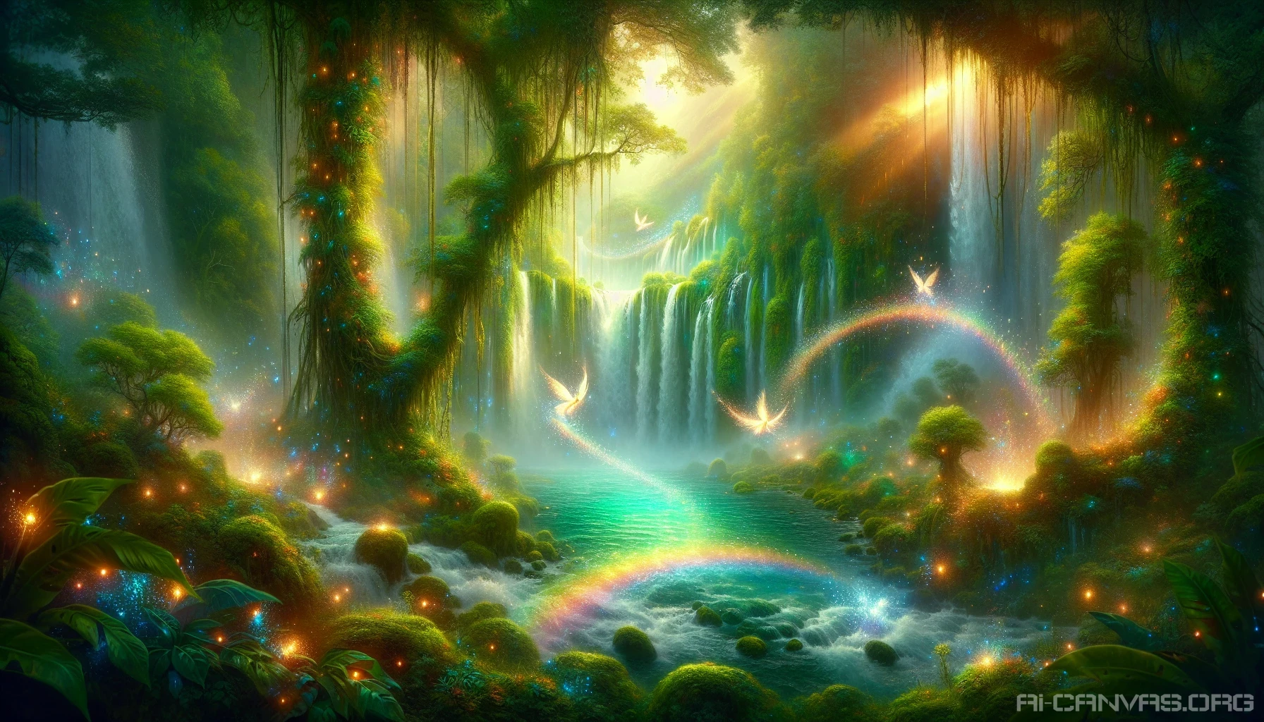 Imagine a lush, mystical landscape where cascading waterfalls glisten under a canopy of vibrant, luminescent flora. The scene is alive with ethereal creatures flitting through the mist, while iridescent rainbows arch gracefully over the churning waters below. Sunlight filters through the dense foliage, creating a magical ambiance filled with shimmering sparkles. The air is filled with the soothing sounds of nature, inviting viewers to lose themselves in this enchanted oasis.
