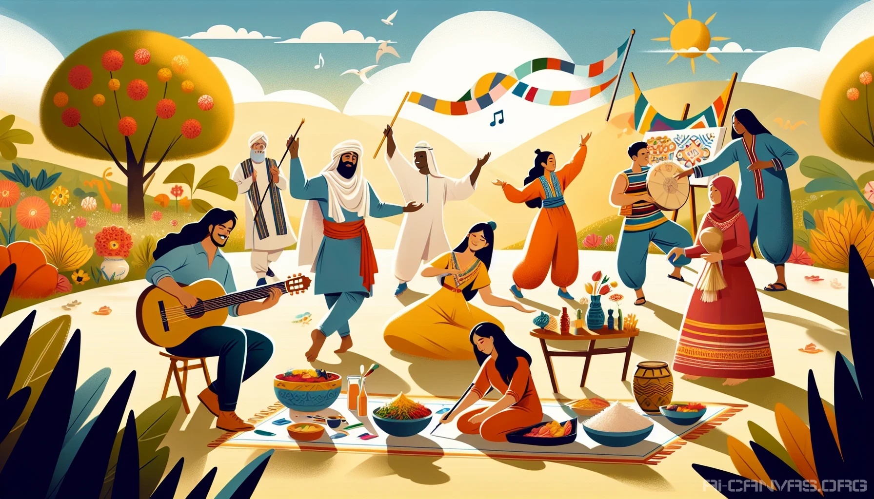 Visualize a vibrant group of individuals from various cultures and backgrounds coming together in a lively outdoor setting. Each person is engaged in a unique activity that reflects their heritage, such as dancing, painting, or sharing traditional foods. The scene is filled with bright colors and joyful expressions, showcasing the beauty of unity and cooperation among different communities, under a clear blue sky.