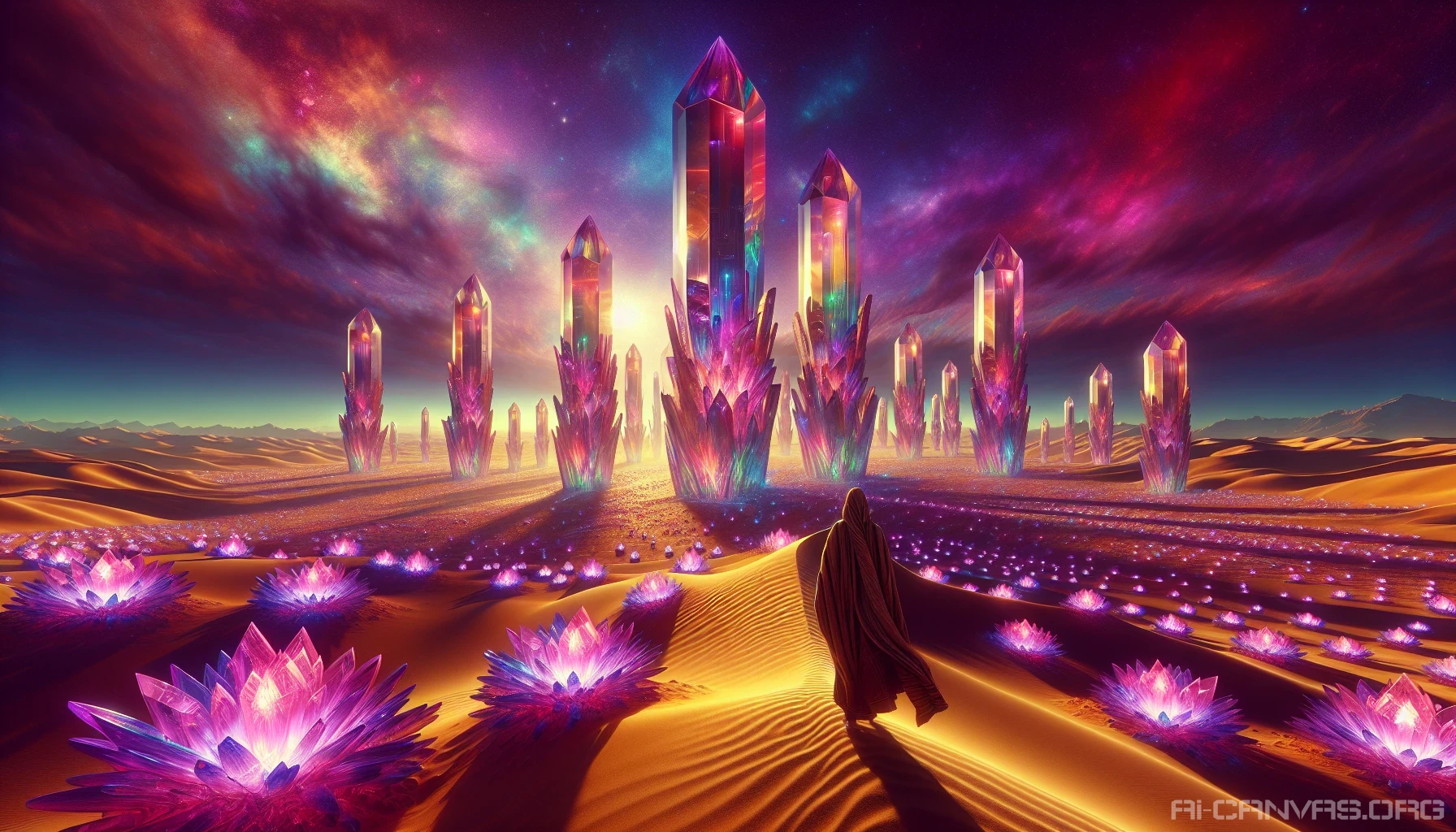 Imagine a vast, alien desert under a vibrant purple sky, where towering crystalline structures rise majestically from the golden sands. Each crystal shimmers with iridescent colors, reflecting the otherworldly light. Strange, bioluminescent flora surrounds the bases of these natural skyscrapers, casting a soft glow in the twilight. A lone figure clad in futuristic gear explores this surreal landscape, creating a sense of wonder and discovery.