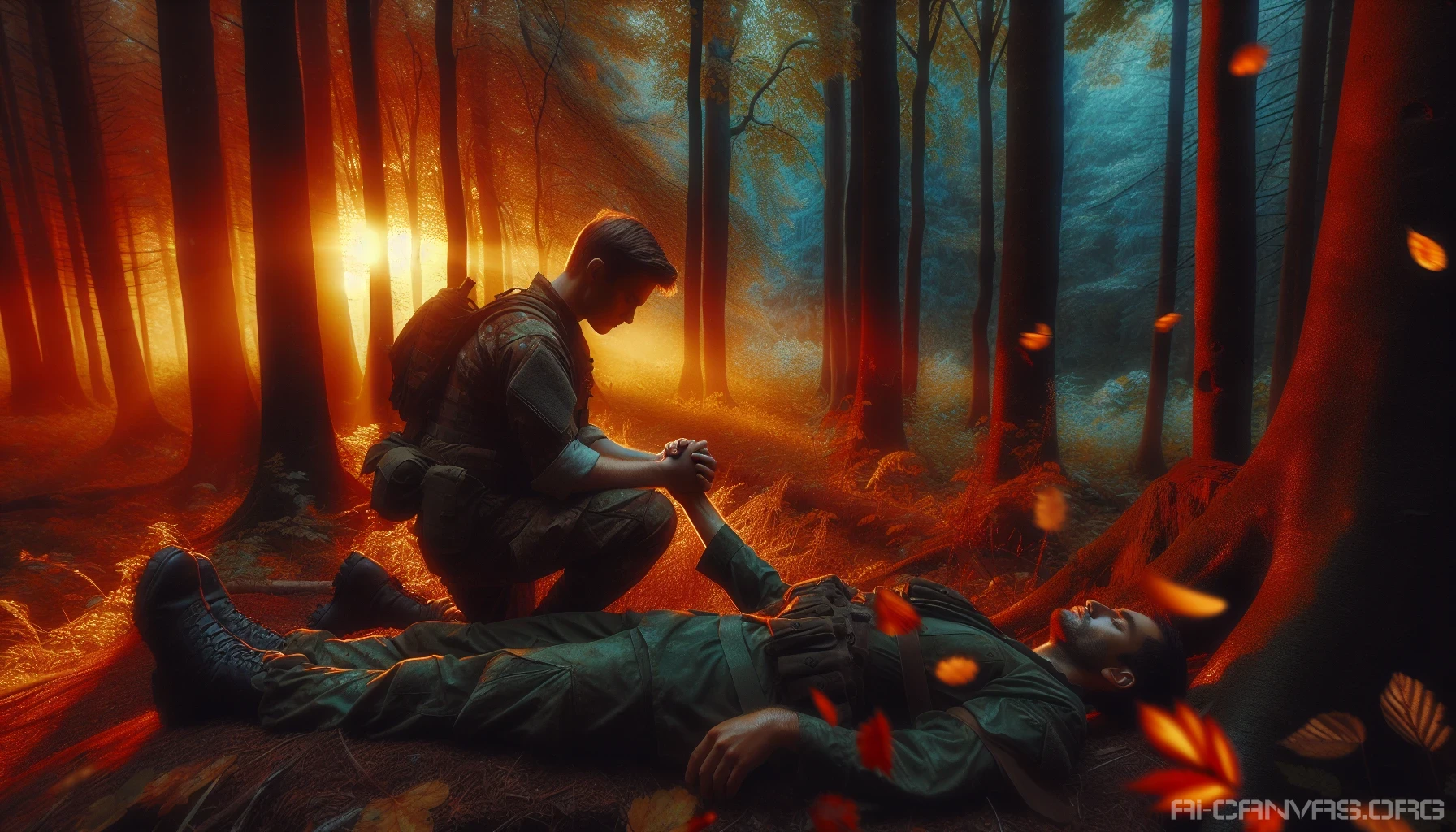 A young hero kneels beside a fallen comrade, their hands clasped in a final farewell. The vibrant hues of the setting sun bleed through the dense canopy, illuminating their faces with a warm yet sorrowful glow. Surrounding them, ancient trees stand as silent witnesses to this poignant moment, while a scattering of autumn leaves dances in the gentle breeze, echoing the fragility of life and friendship.