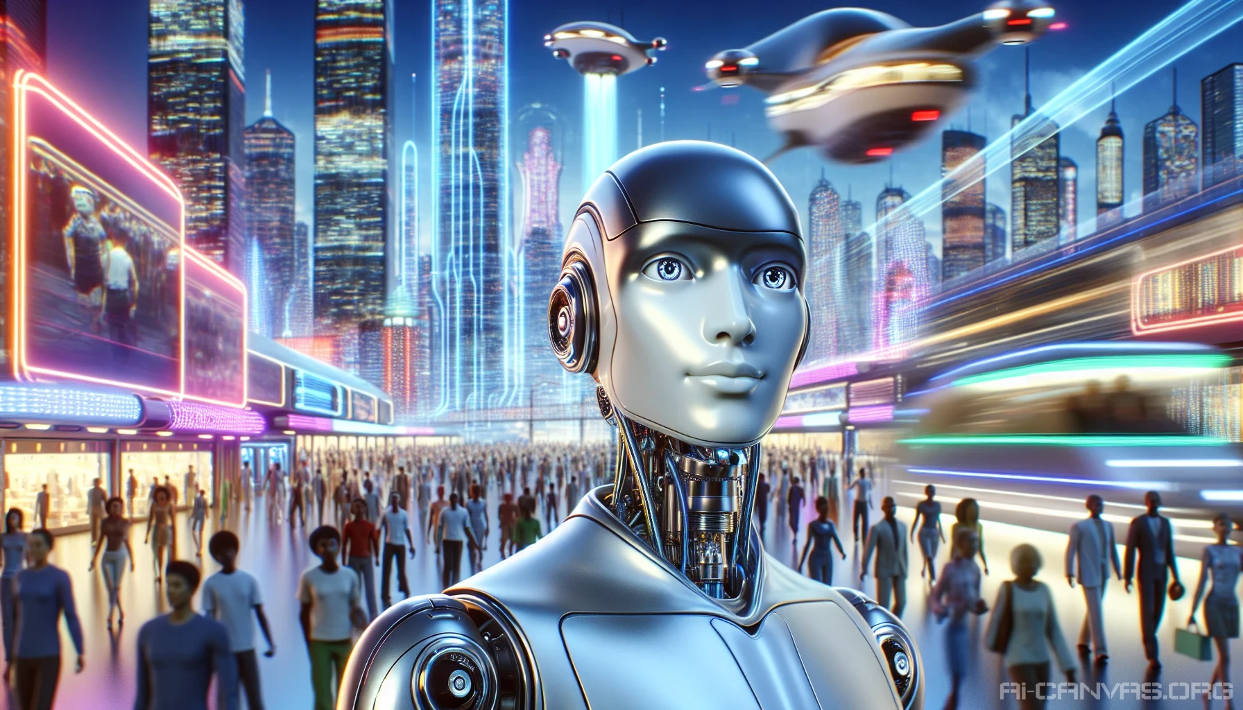 Imagine a sleek, humanoid android standing in a vibrant, futuristic cityscape, its metallic skin reflecting the bright neon lights around it. The android's expressive eyes and subtle smile convey a personality infused with warmth and empathy, bridging the gap between technology and humanity. In the background, flying vehicles zip through the sky, while diverse crowds bustle about, showcasing a harmonious blend of human and artificial intelligence.