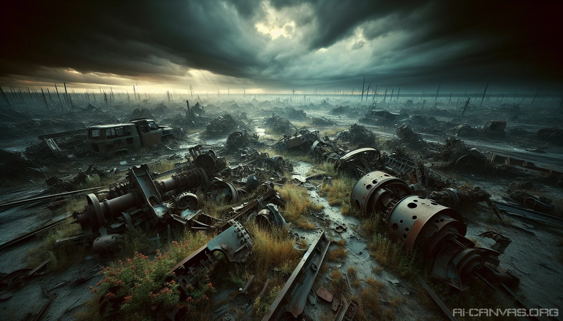 Envision an expansive, desolate field where rusting machinery lies scattered like remnants of a lost civilization. Jagged metal parts protrude from the cracked earth, cloaked in layers of dust and creeping weeds. A stormy sky looms overhead, casting an eerie light over the scene, while distant thunder rumbles ominously, hinting at the despair that haunts this forsaken landscape. The atmosphere feels heavy with silence and history.