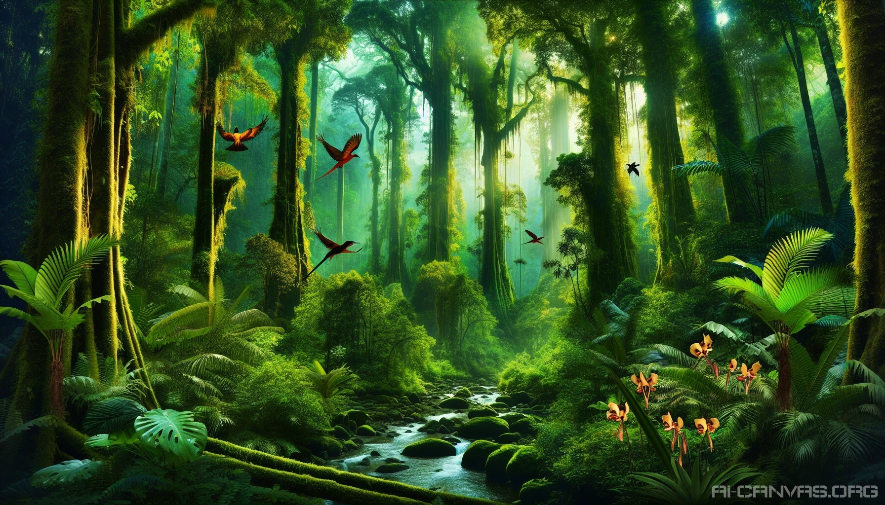 Immerse yourself in a lush, vibrant tropical rainforest, where towering emerald trees stretch towards the sky, their leaves whispering with the breeze. Sunlight filters through the canopy, casting dappled shadows on the forest floor, teeming with colorful orchids and ferns. Exotic birds flit overhead, their calls echoing through the air, while a gentle stream winds through the foliage, creating a serene symphony of nature's beauty.