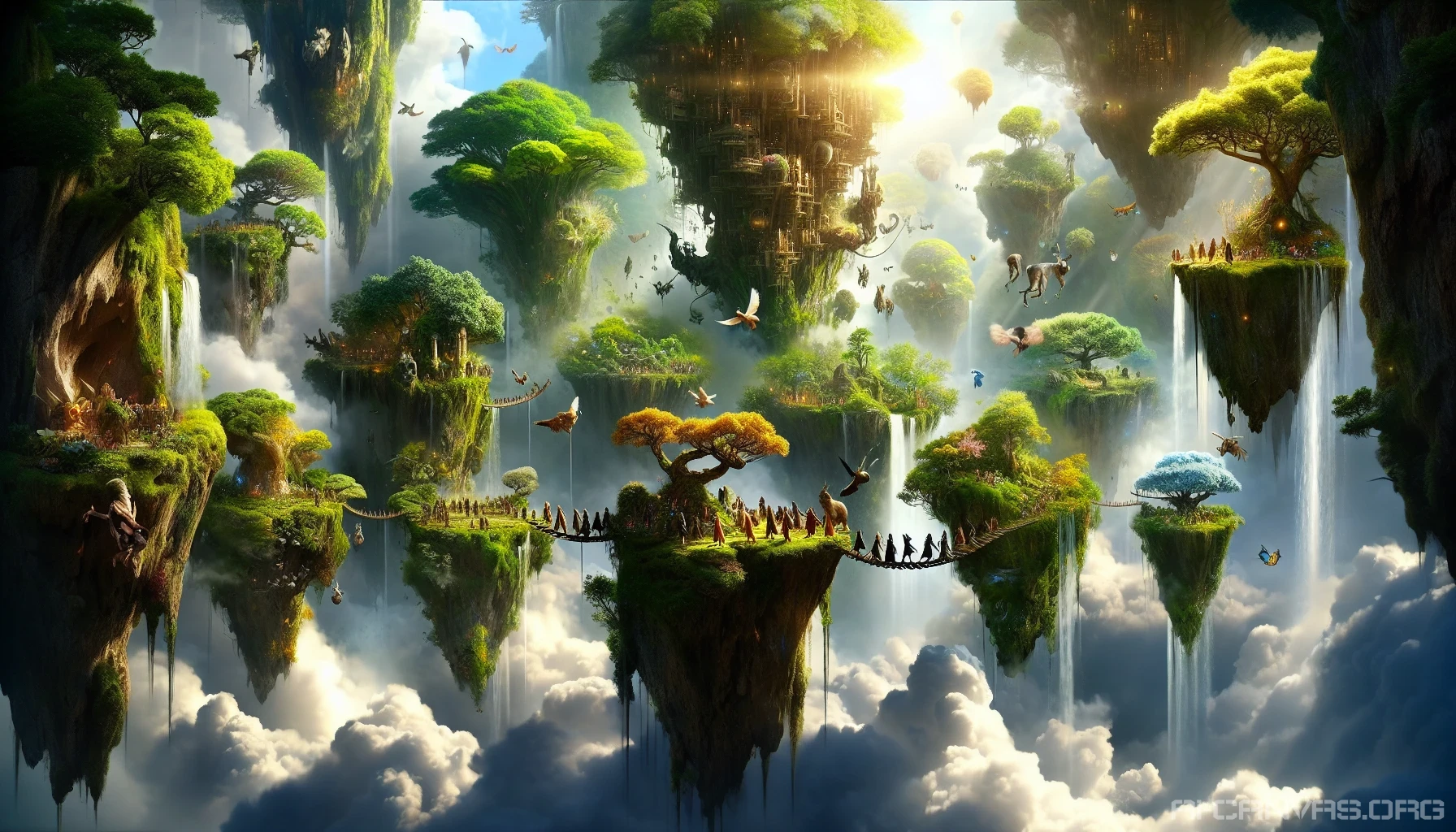 Imagine a breathtaking realm of lush, floating islands, each teeming with vibrant flora and fauna. Sunlight filters through the clouds, illuminating cascading waterfalls that plunge into the endless sky below. A diverse array of mythical creatures flit between the islands, while wooden bridges connect them, inviting exploration. Adventurers equipped with colorful gear navigate the terrain, discovering glowing caves and ancient ruins hidden among the treetops, promising endless surprises.